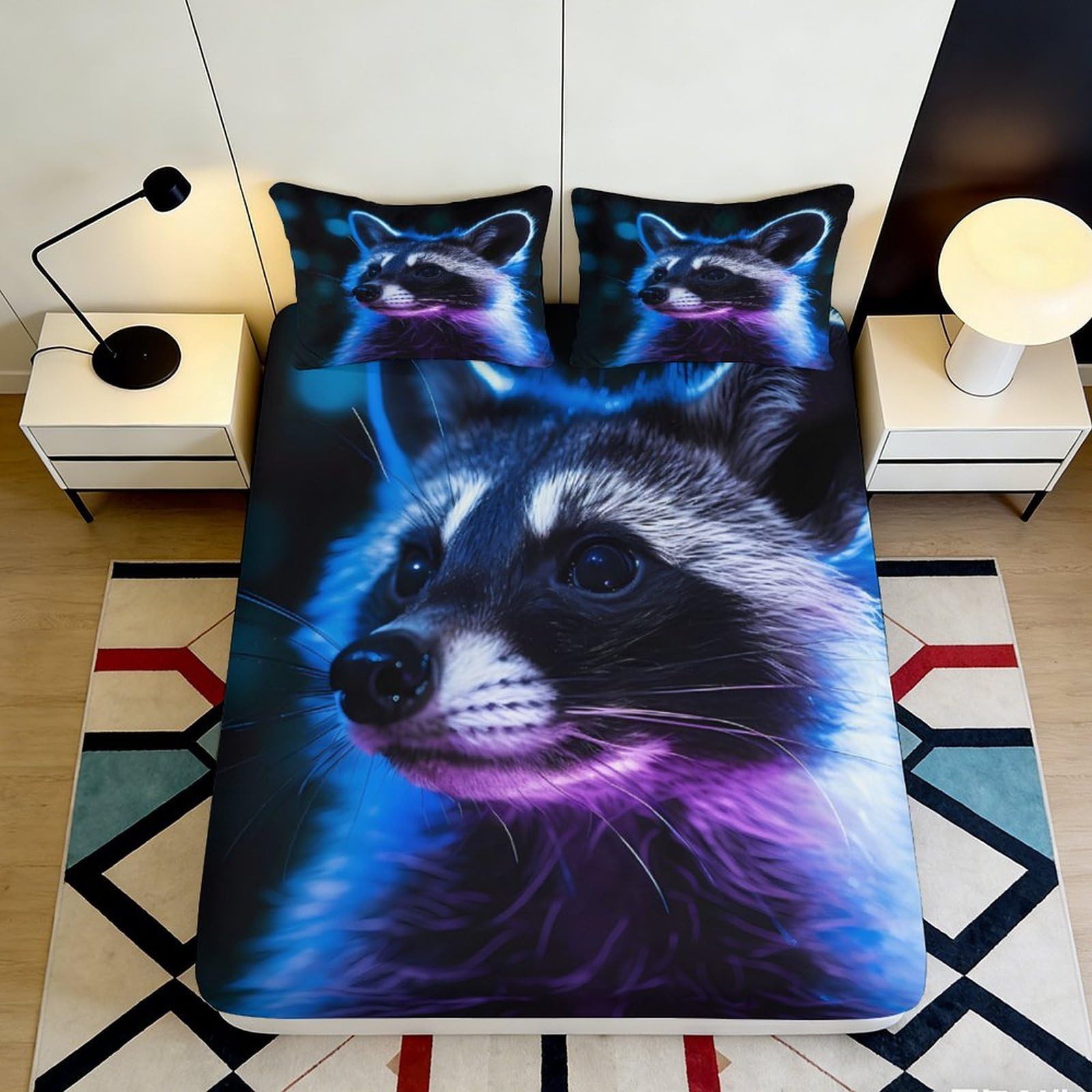 3D Printed Raccoon Fitted Sheet Microfiber Deep Pocket Bedroom Bedding Non-Slip Raccoon Mattress Fitted Cover for Adults Teens 200x200x25cm