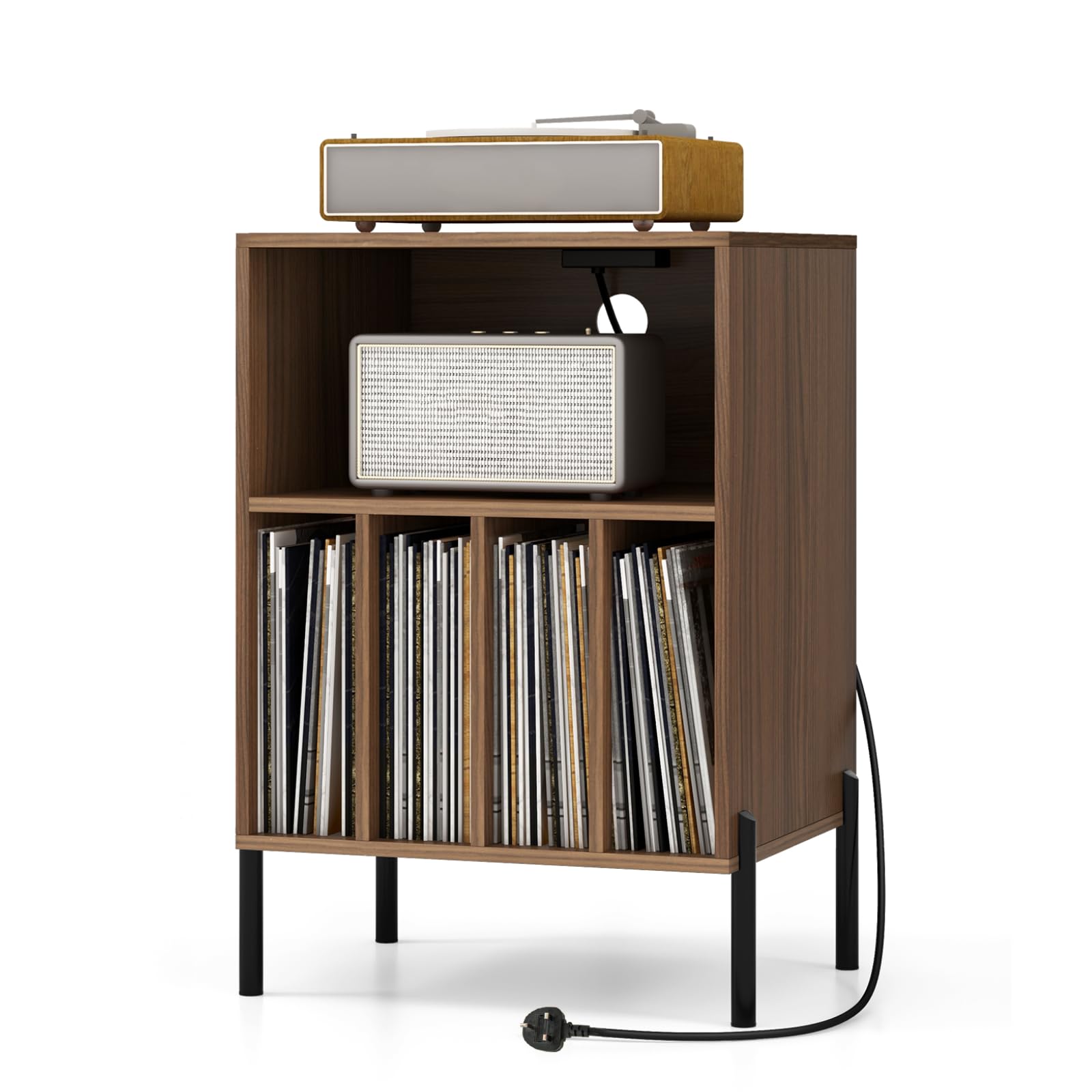 CASART Record Player Stand, Turntable Stand with Charging Station, Metal Legs & Cable Hole, Vinyl Record Storage Cabinet Holds up to 150 Albums End Table for Living Room Bedroom (Walnut)