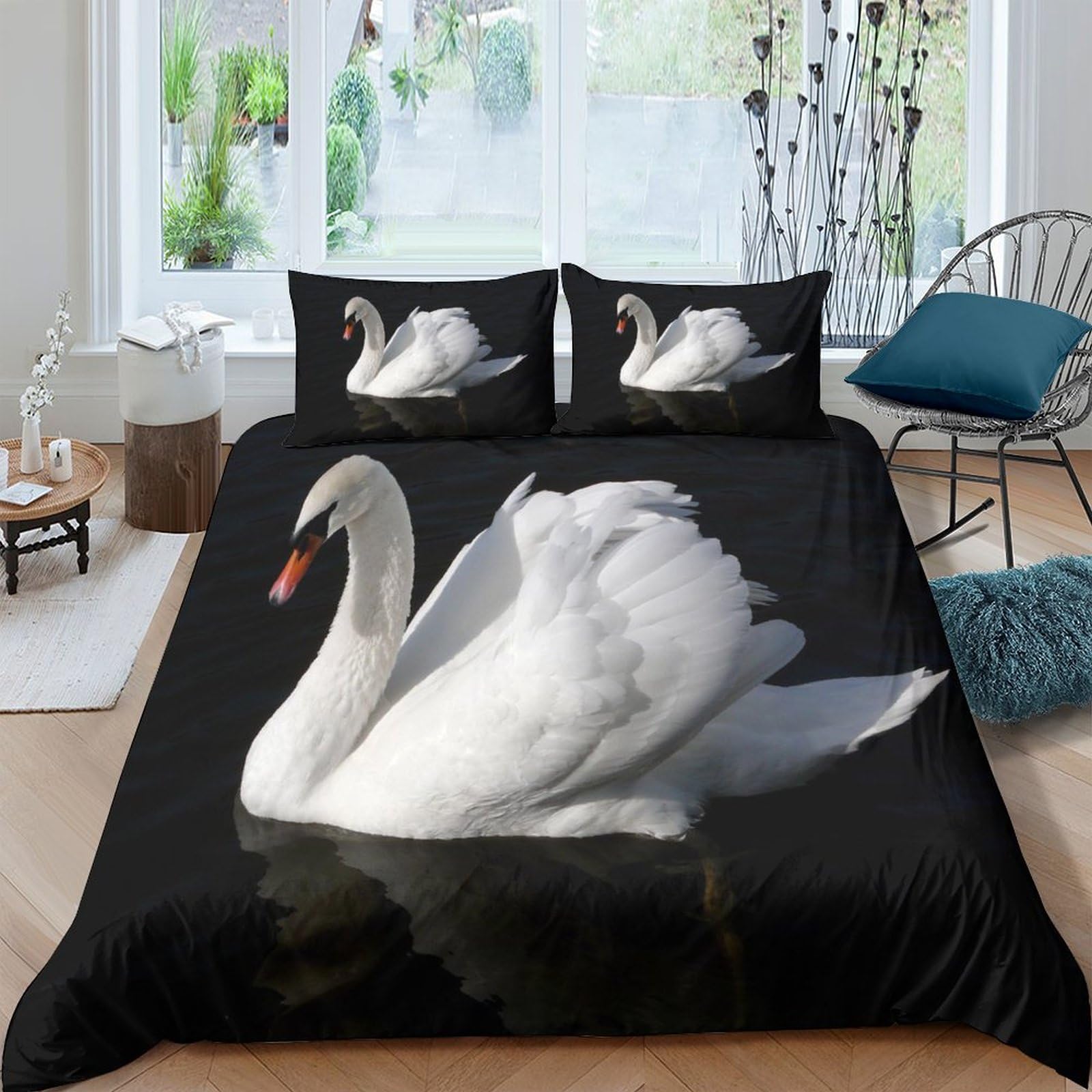 Housses de couettes anti-plis IOFEER cygne parure de lit 3 pièces sans repassage
