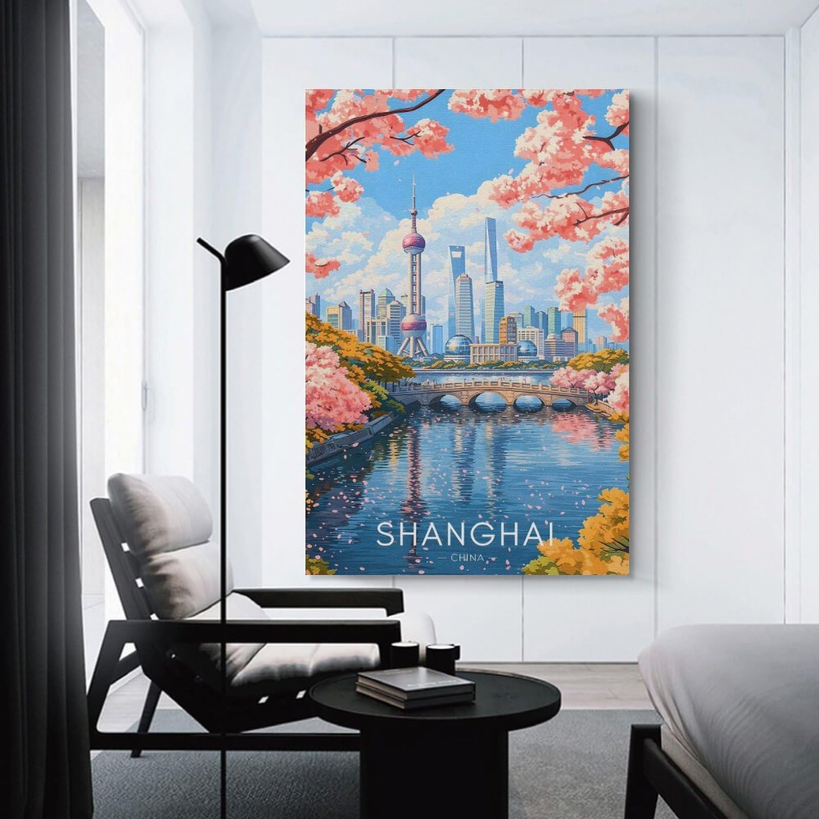 Junmoney Unframe-Style-3-1 Shanghai Skyline With Cherry Blossoms Canvas Wall Picture, 20X30inch(50X75cm), For Study, Office Or Focused Interiors, Home Office Artwork With Decorative Appeal