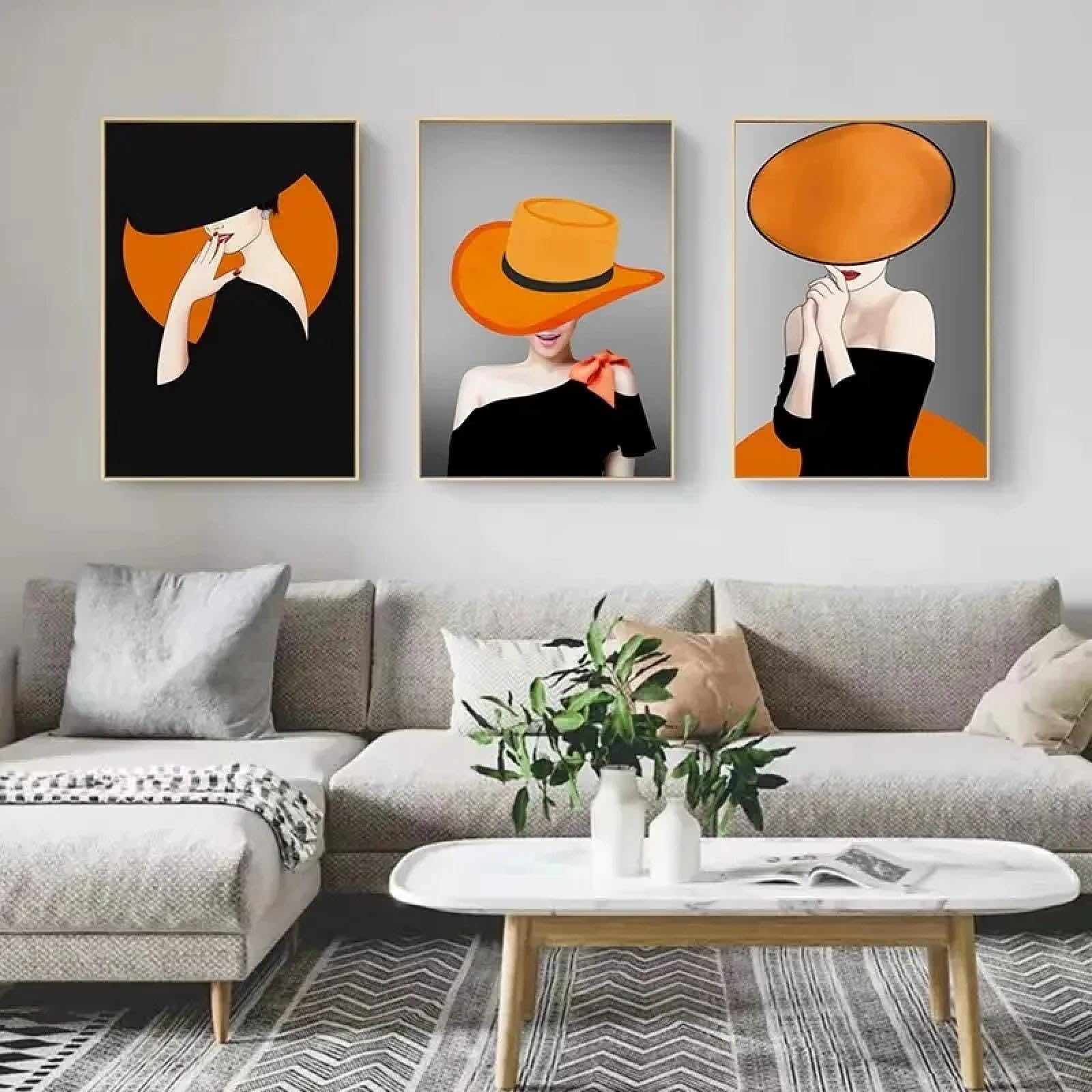 XINBAO 3 szt. elegancka czarna spódnica pomarańczowy kapelusz damski plakat sztuka ścienna płótno plakat salon korytarz sypialnia dekoracja obraz wydruki 30 x 45 cm x 3 bez ramy
