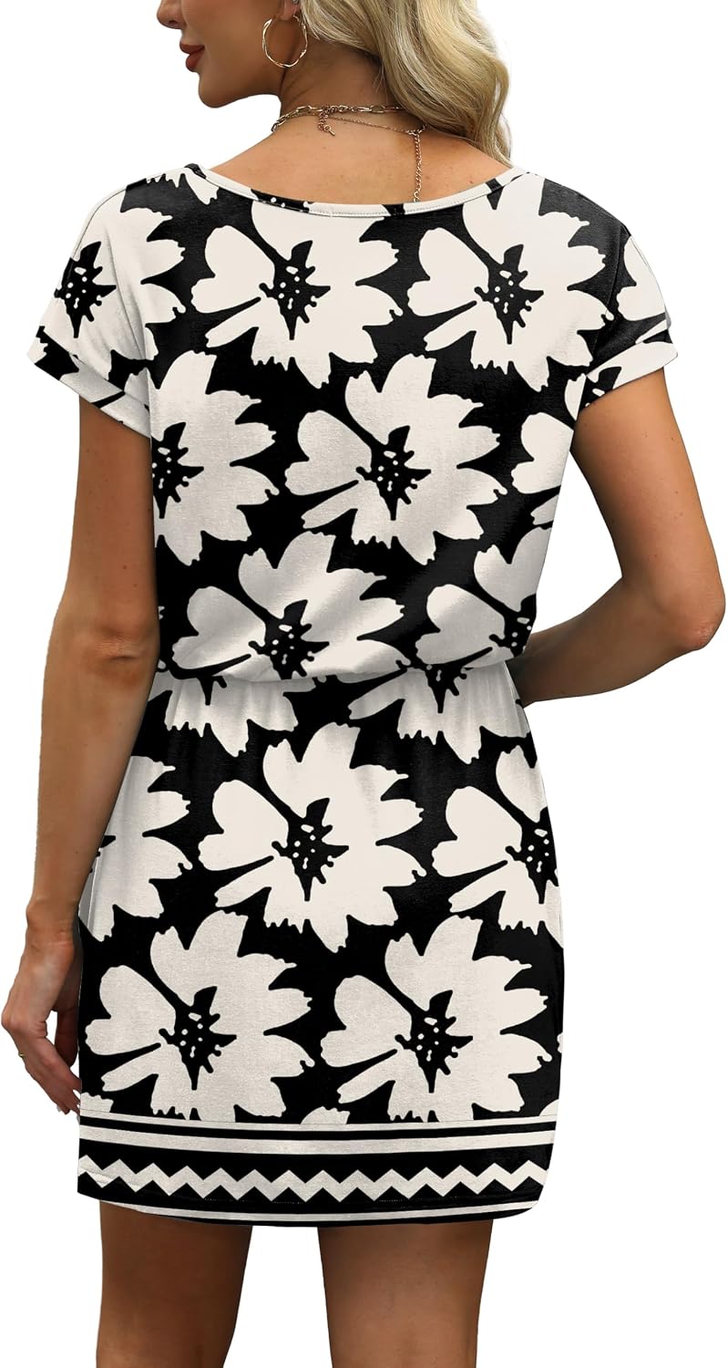 OFEEFAN Summer Dresses for Women 2026 V Neck T Shirt Casual Mini Dresses Tie Waist Sundresses with Pockets thumbnail