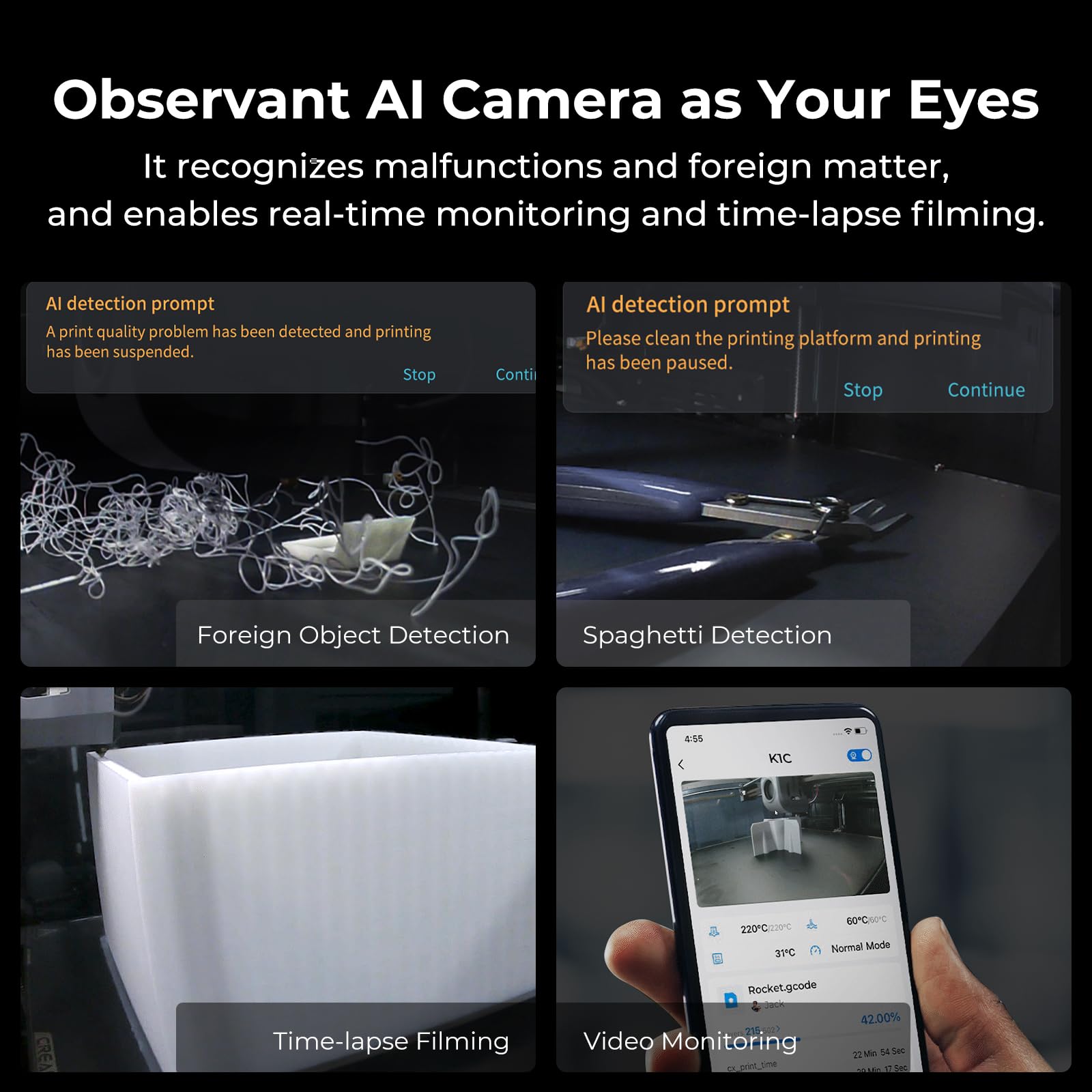 Creality K1C stampante 3D con camera IA, velocità 600 mm/s, autolivellamento, estrusore diretto robusto anti-intasamento. Versione migliorata di K1 SE, stampa a 300°C, modalità silenziosa