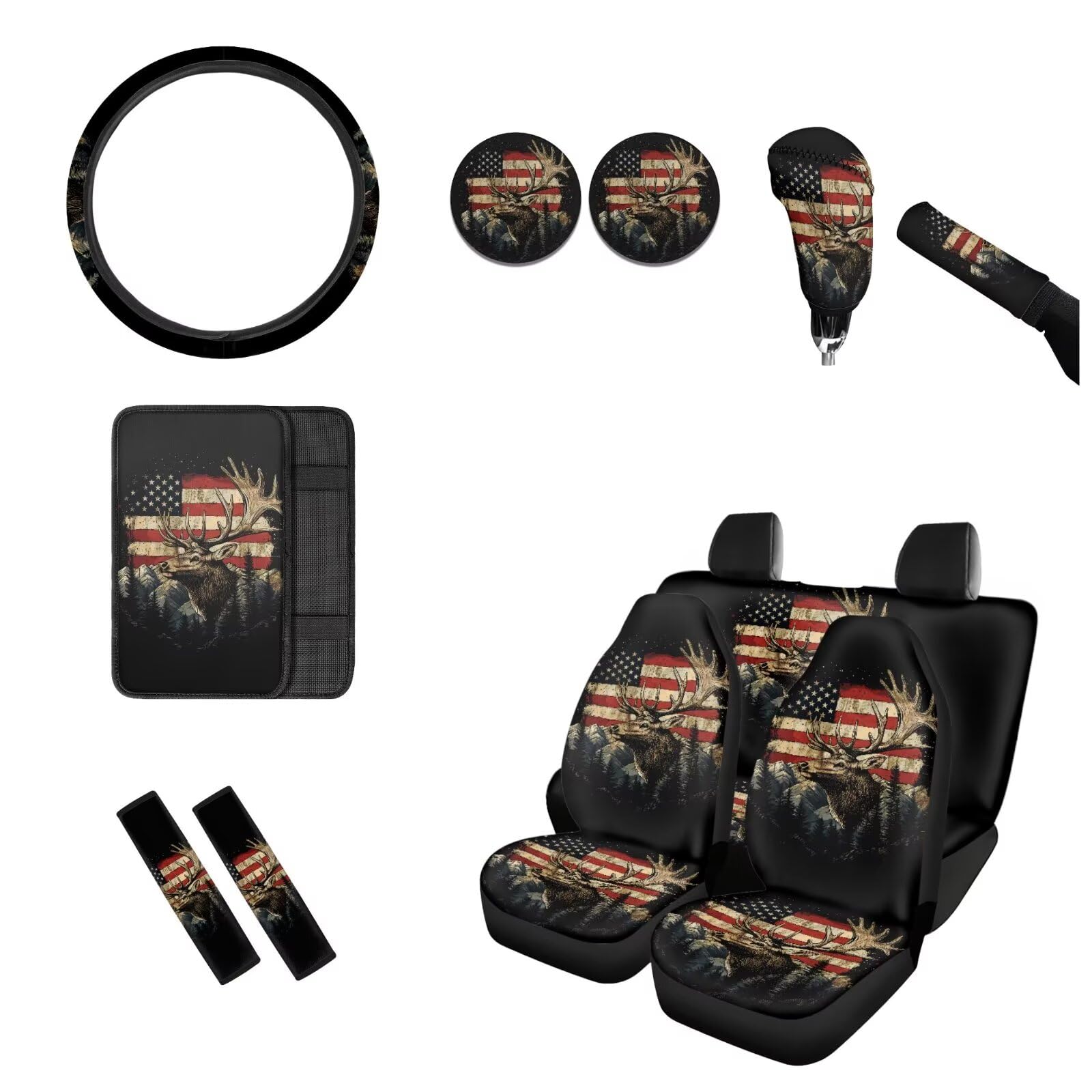 BIGCARJOB American Flag Seat Covers Full Set for Car Universal Auto Front Rear Seat Protector 12 Pcs Elk Steering Wheel Covers,Armrest Pads,Seat Belt Pads