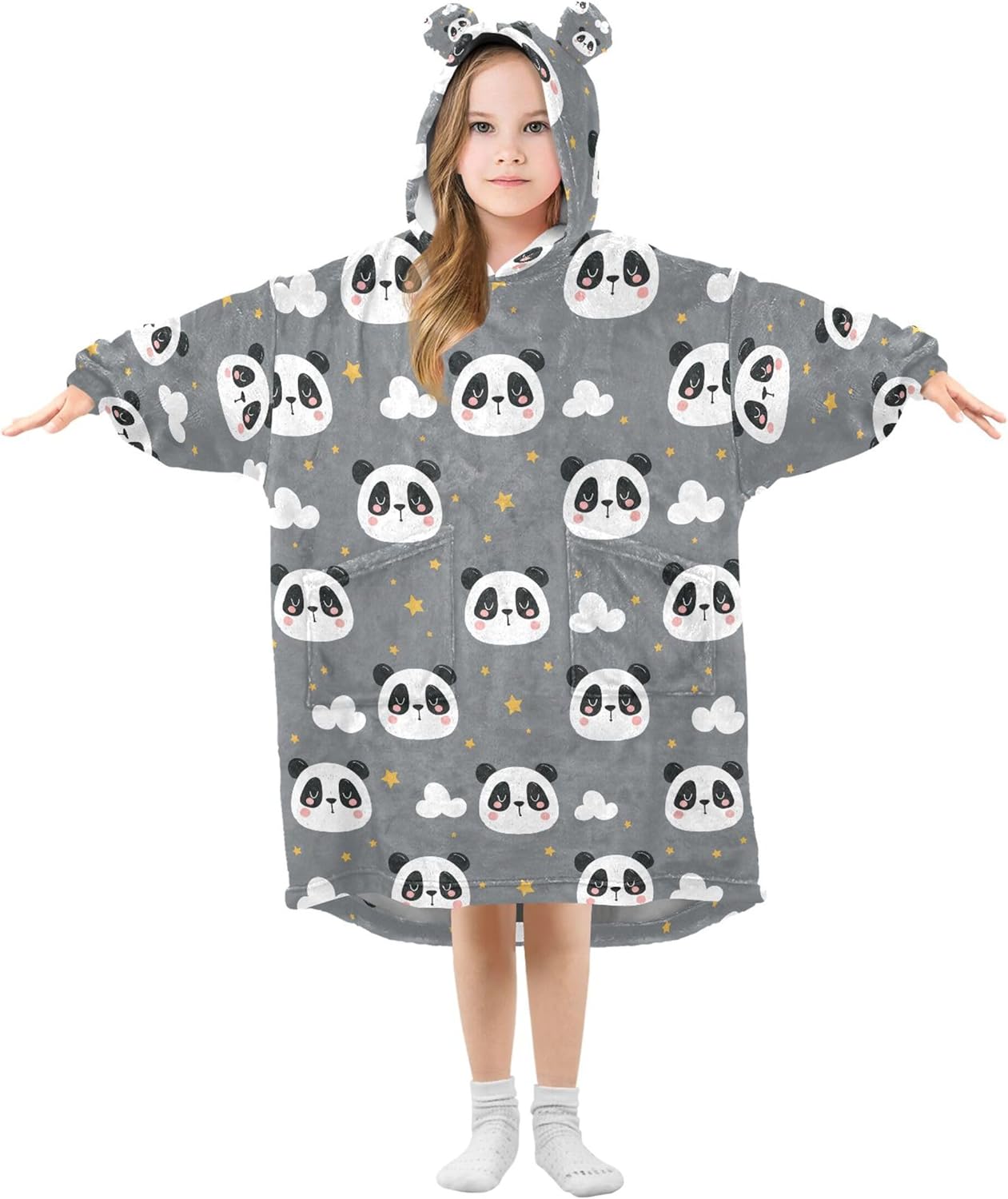 Cute Panda Kids Wearable Blanket Hoodie with Pocket and Sleeves for Toddlers, Cute Hoodies Girls Boys B0404175