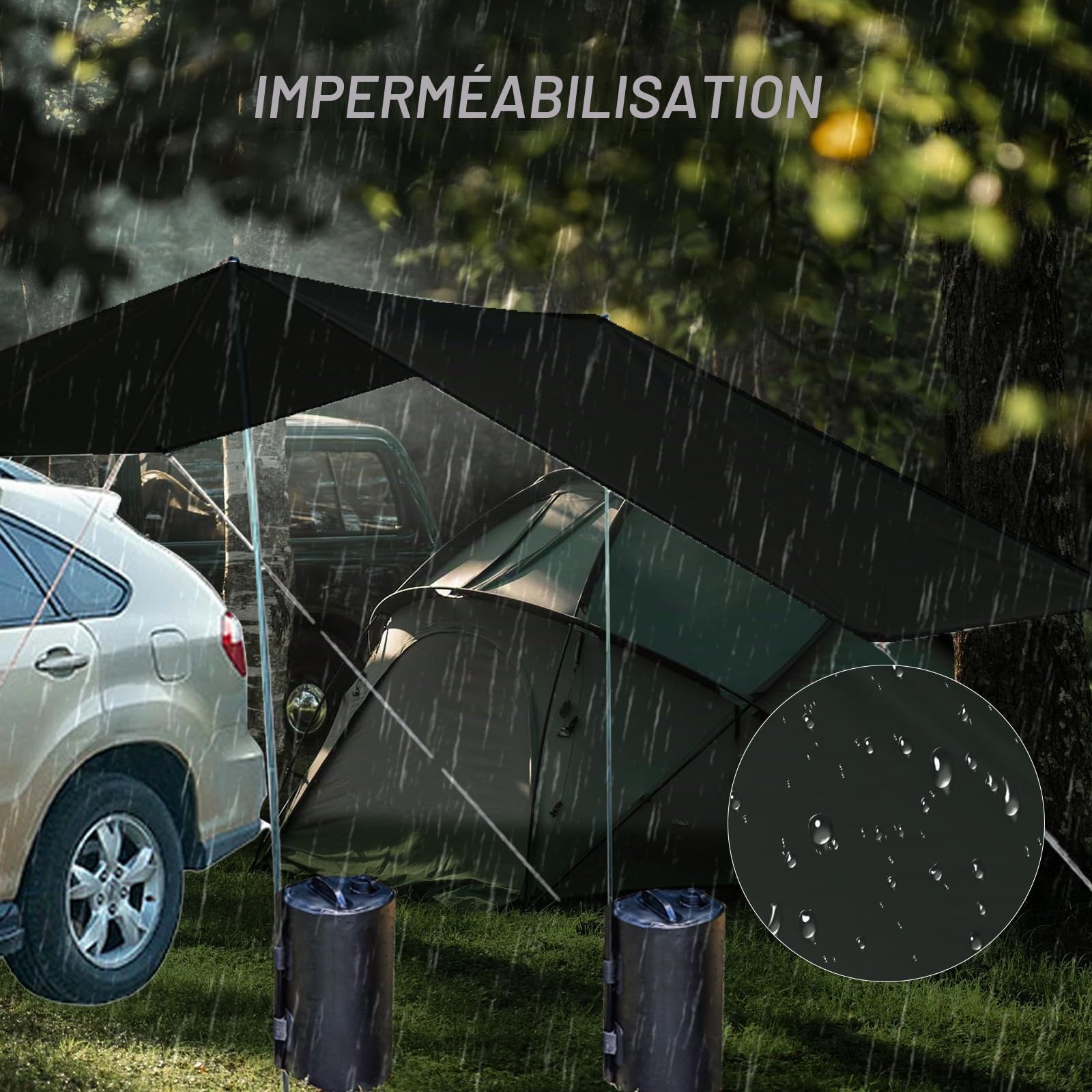 Auvent latéral de voiture - Tente de camping - Tente de toit avec protection UV - Avec 2 sacs d'eau portables - Étanche - 440 x 200 cm - Noir