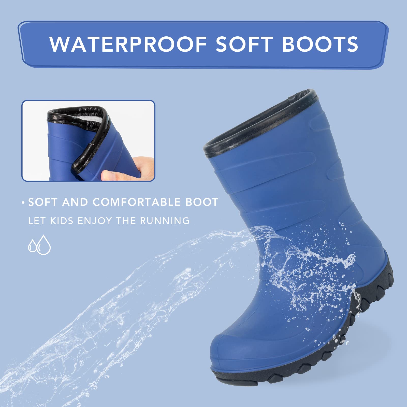 FUNCOO PLUS Botas de lluvia de invierno para niños, botas de nieve cálidas aisladas, botas de barro impermeables para niños y niñas, niños pequeños/niños grandes