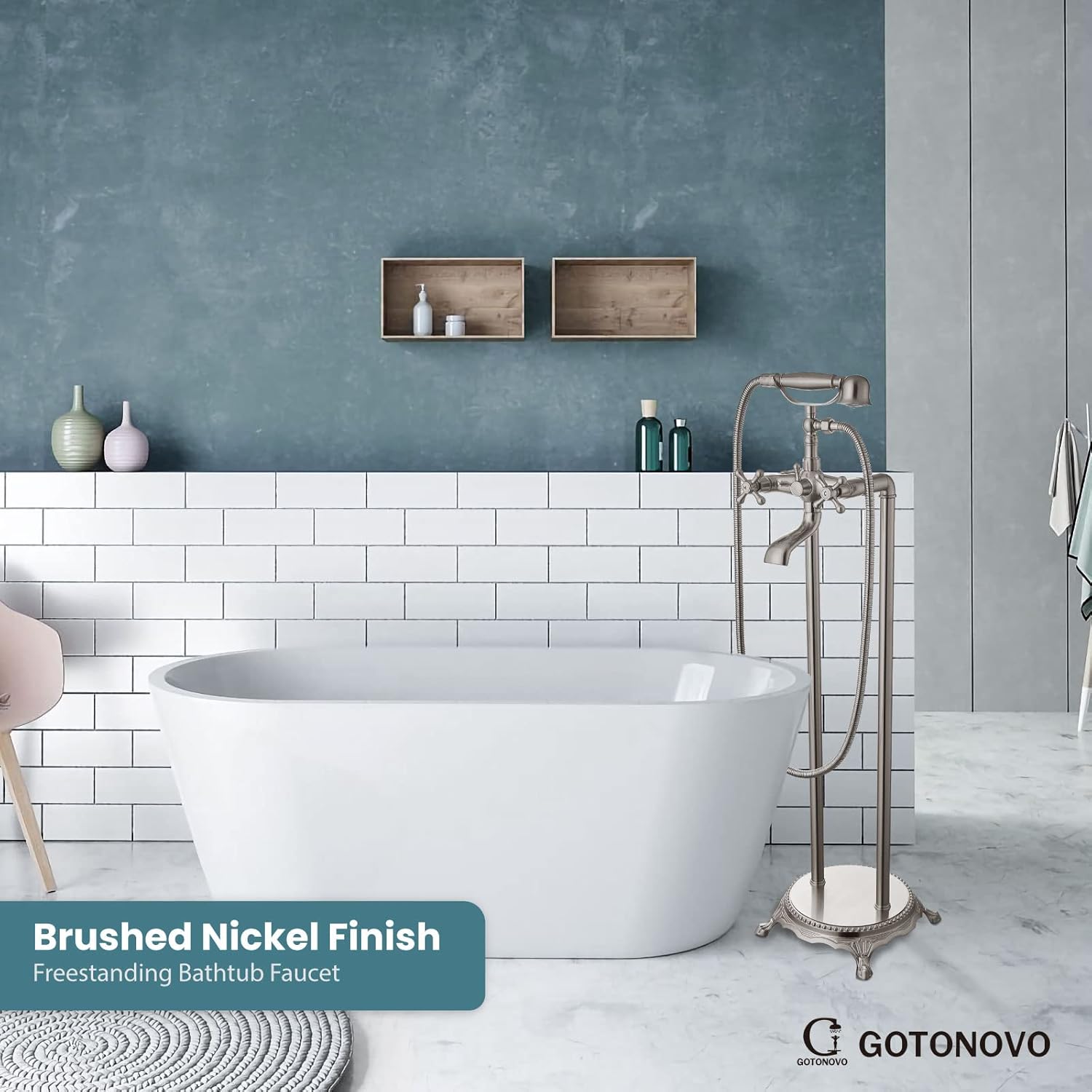 Freestanding Bathtub Faucet Brushed Nickel Floor Mount Tub Filler Double Cross Knobs Bathroom Mixing Tap with Handheld Shower Telephone Shape