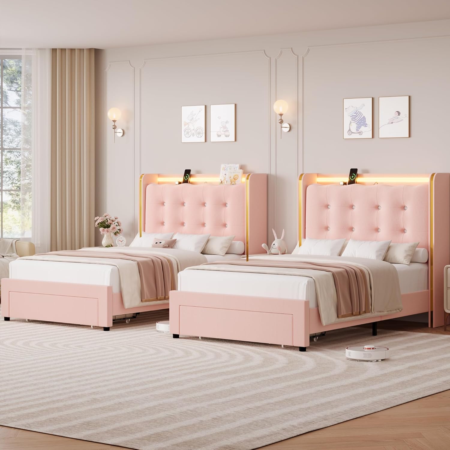 HITHOS Upholstered Twin Led Bed Frame with Charging Station and Storage Drawer, Velvet Princess Platform Bed Frames with Crystal-Button Tufted Headboard for Girls | Kids, No Box Spring Need, Pink