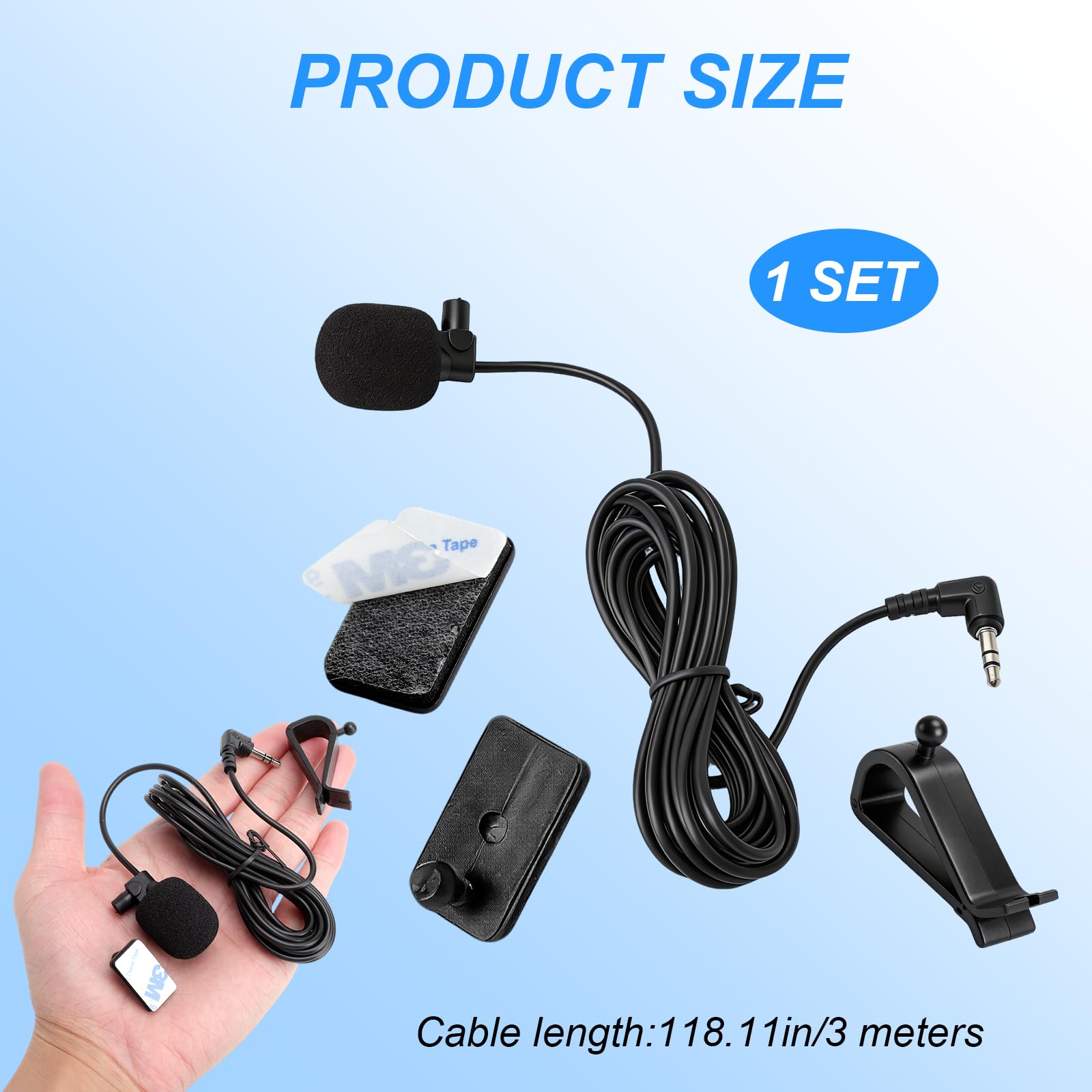 HENGBIRD Microfono per auto con cavo da 3 m, jack da 3,5 mm, microfono esterno per auto Sony JVC Kenwood Jensen Alpine Autoradio Navigation Laptop Stereo Player con morsetto a U e adesivo, plug and - 2