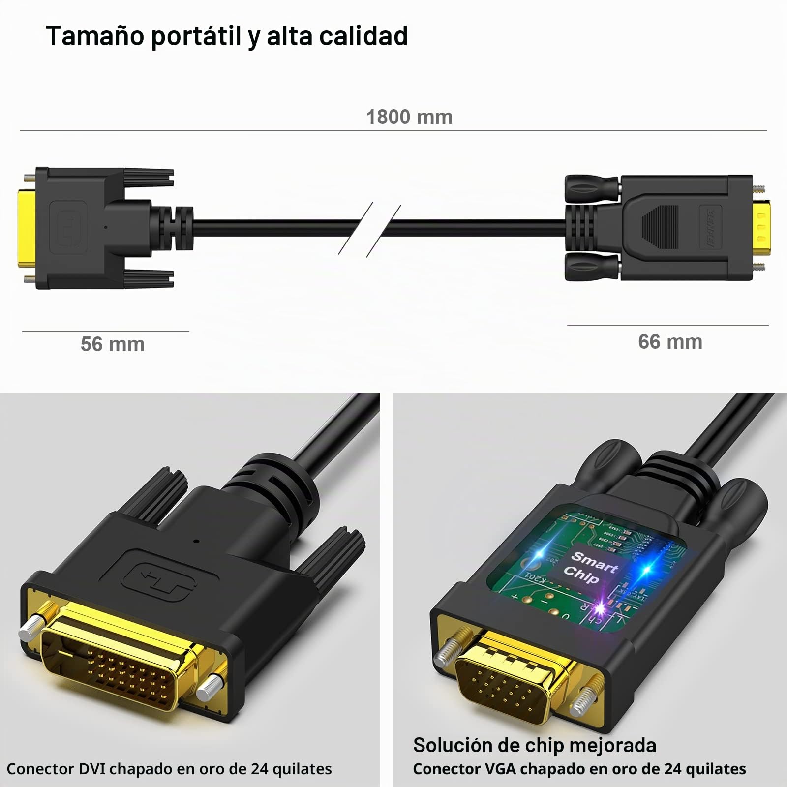 BENFEI Cable DVI-D activo a VGA 1.8 metros, DVI-D 24+1 a cable VGA macho a macho chapado en oro(No compacto con DVI-I 24 + 5, No bidireccional)