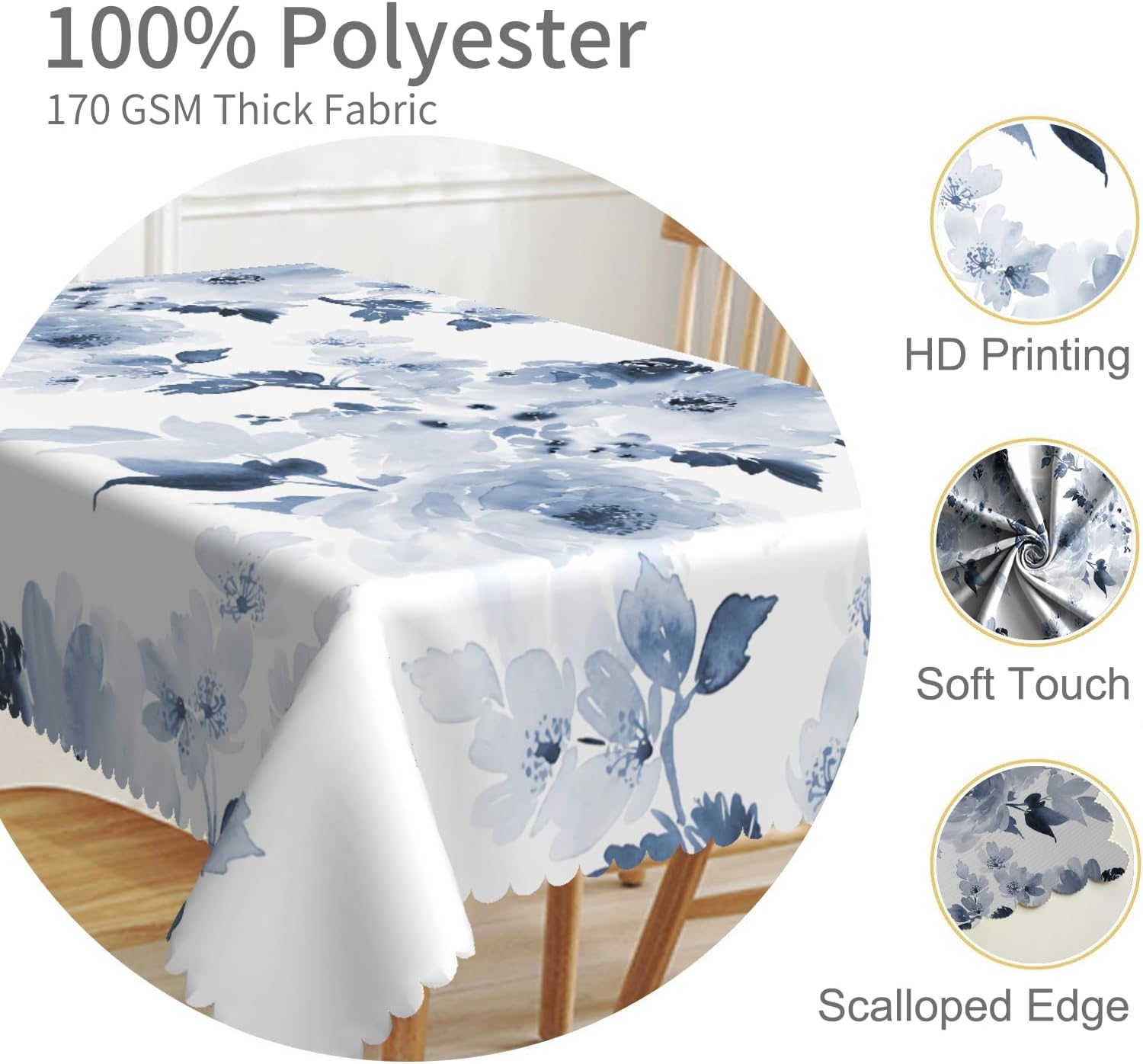 70x140inches Watercolor Blue Floral Tablecloth Navy and White Flowers Printed Modern Minimalist Art Rectangle Table Cloth Waterproof Fabric Table Cover for Kitchen Dining Room Party Decors