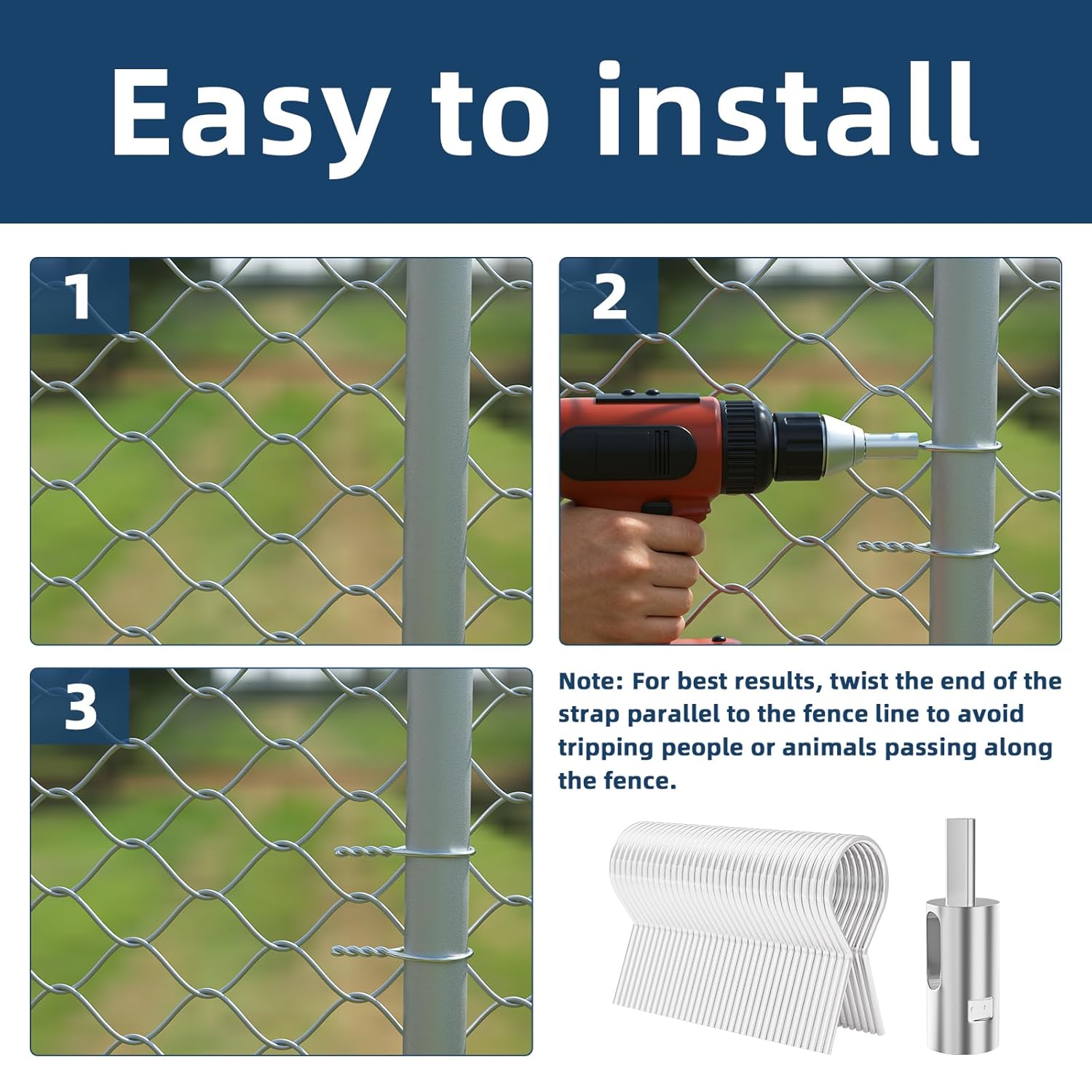 200PCS 11 Gauge Galvanized Steel Fence Ties Fit for 1-5/8",Ez Twist Fence Ties 11 Gauge Drill Chuck Tool,Galvanized Steel T Post Clip, Chain Link Fence Repairs Replacements(O-200Pcs)