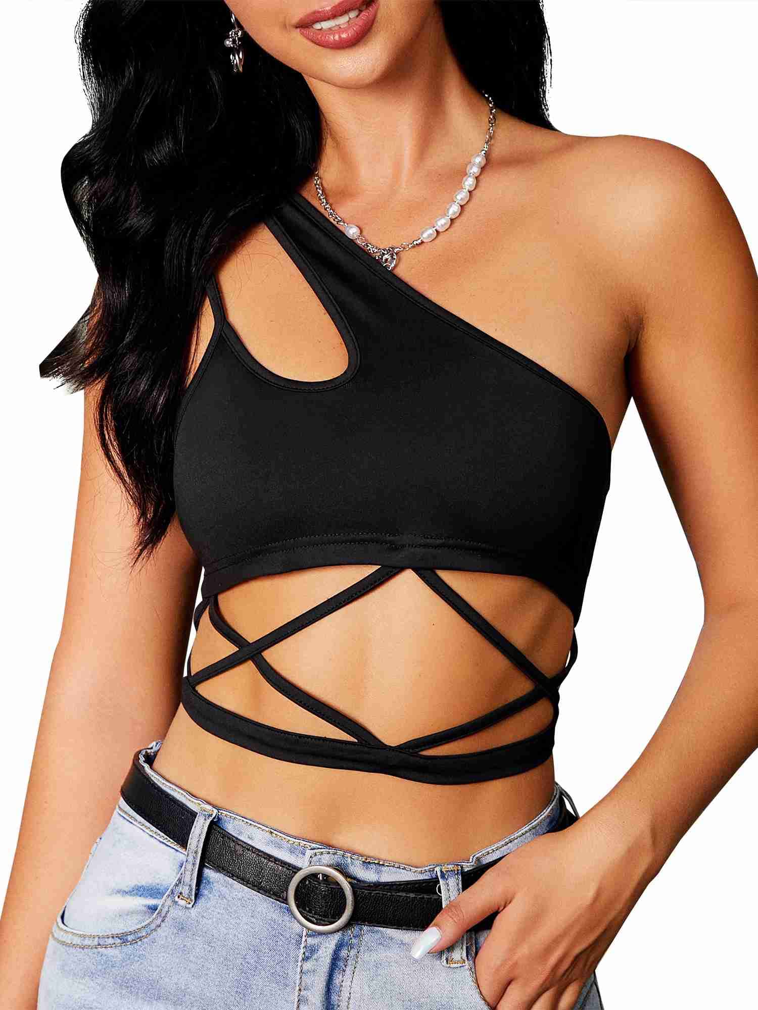 ZAFUL Women's Spaghetti Straps V Neck Front Twisted Solid Racerback Tank Cropped Cami Top
