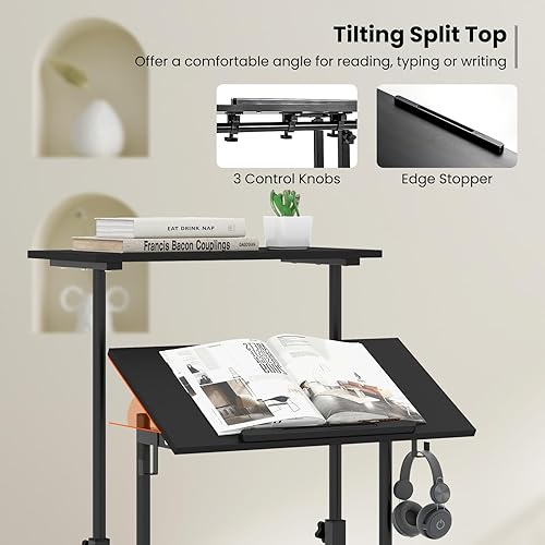 Miniatura 7 de Tangkula Escritorio móvil de pie, carrito de podio para laptop de altura ajustable con mesa inclinable y ángulo ajustable, escritorio de computadora