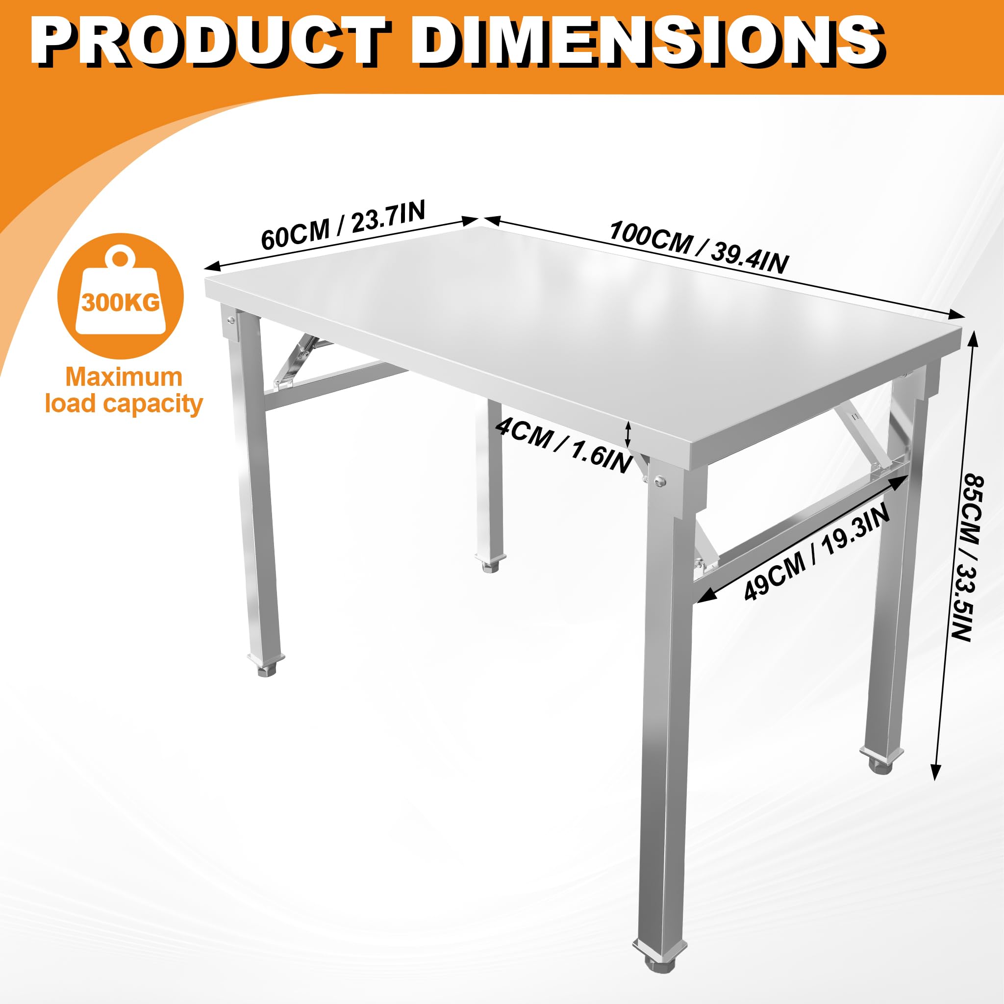 ACXIN Mesa plegable de acero inoxidable S, mesa de trabajo plegable, soporta hasta 300 kg, mesa de cocina, mesa de servir, higiénica y robusta, móvil para gastronomía, catering, taller, exterior (100