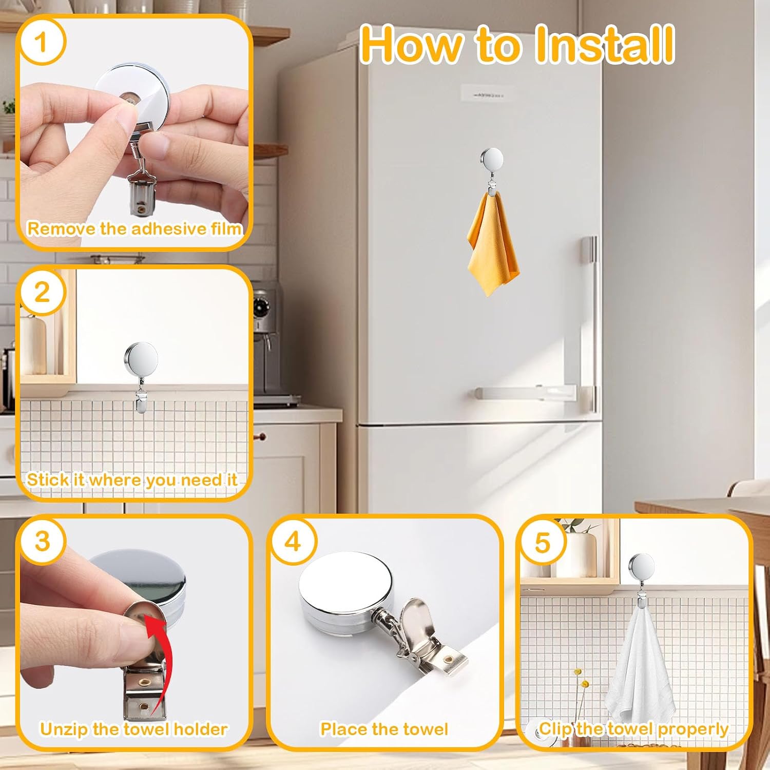 JIEYU 3 Pcs Retractable Kitchen Towel Holder, Adhesive Stainless Steel Wall Mounted Towel Clip Hanger, 24In Extendable Towel Hook for Bathroom, Rv