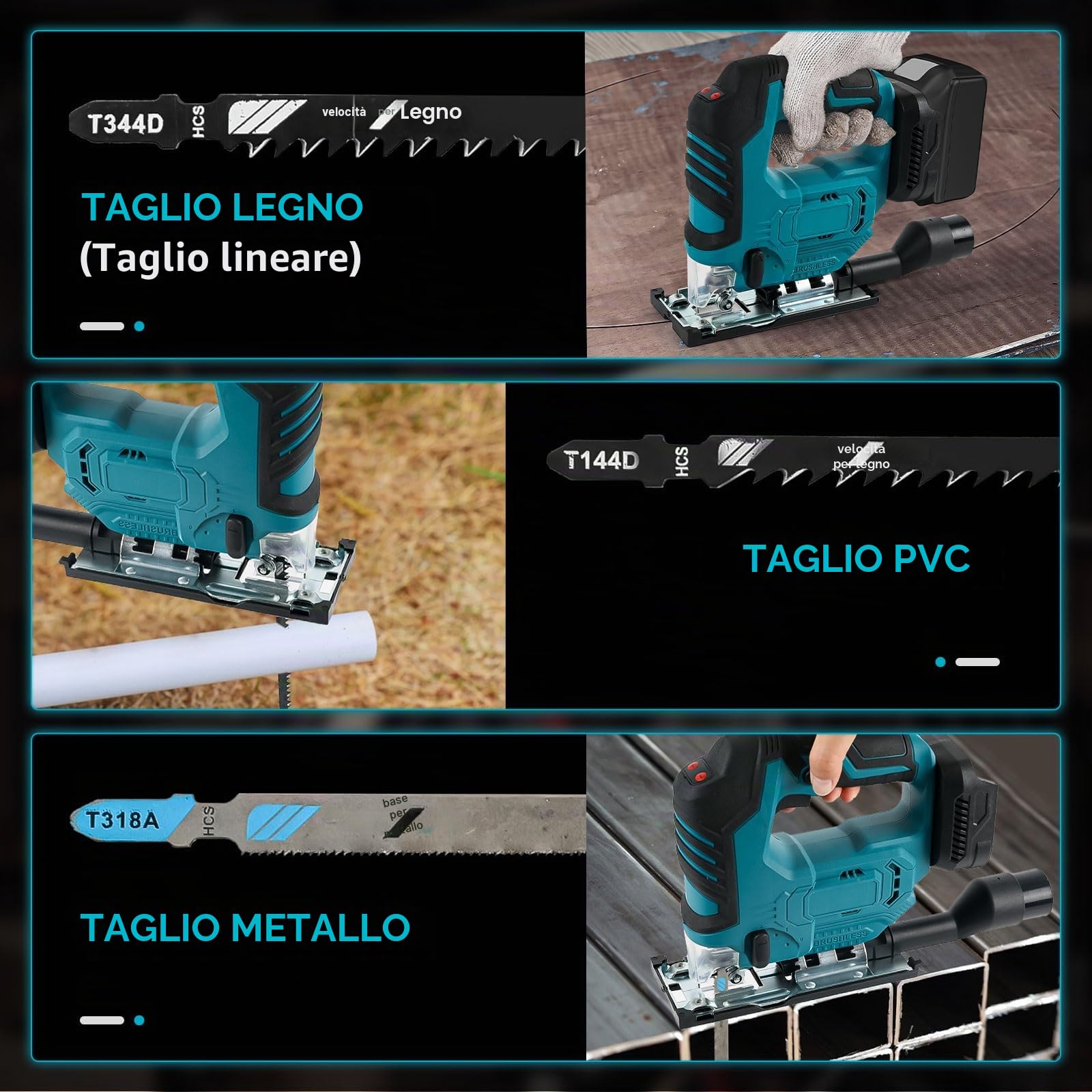 Seghetto alternativo senza fili, compatibile con batteria Makita 18 V, 500 W, utensile da taglio senza spazzole, 3300 giri/min, tagli smussati di 45° con lame per seghetto alternativo per taglio