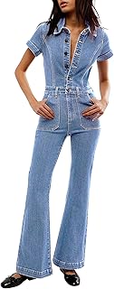 Denim Jumpsuit for Women Flare Wide Leg Blue Jean Jumper Short Sleeve Bu...