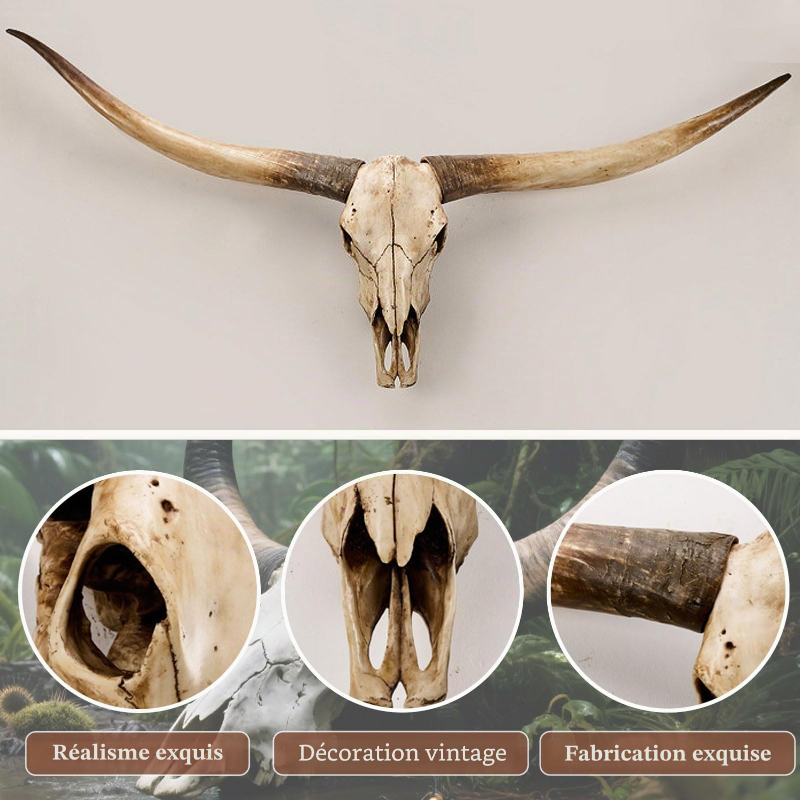 Crâne de Vache 178cm Longhorn Wall Decor, Décoration Murale Tête d'animal Faux Taxidermie Crâne de Vache Animal Fait Main, Tête d'animal Suspendue au Mur, Décoration Murale Tête de Taureau,Marron