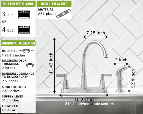 Miniatura 5 de Grifo de cocina con pulverizador, grifo de fregadero de cocina de acero inoxidable de níquel cepillado con rociador lateral, grifo de 3 agujeros o 4