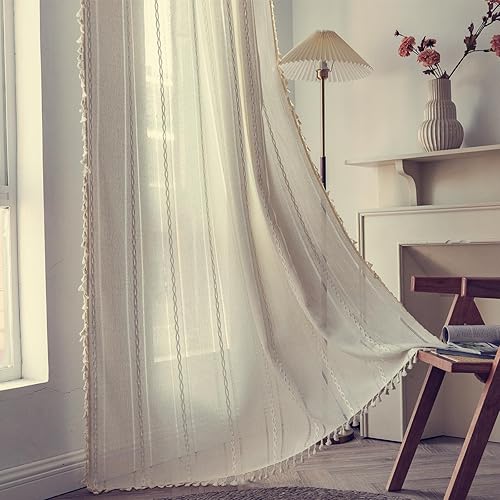 Deeprove Cortinas bohemias color marfil, para habitación, cuadros color crema bordados con textura, hechas a mano con borlas, bolsillo para barra, 1