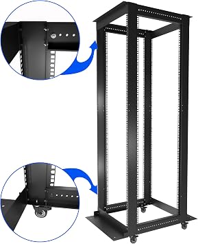 Sysracks 42U Open Frame Rack, Adjustable 24-37, 19-Inch EIA-310 | 4-post steel frame, square mounting holes, casters, cage nuts and screws