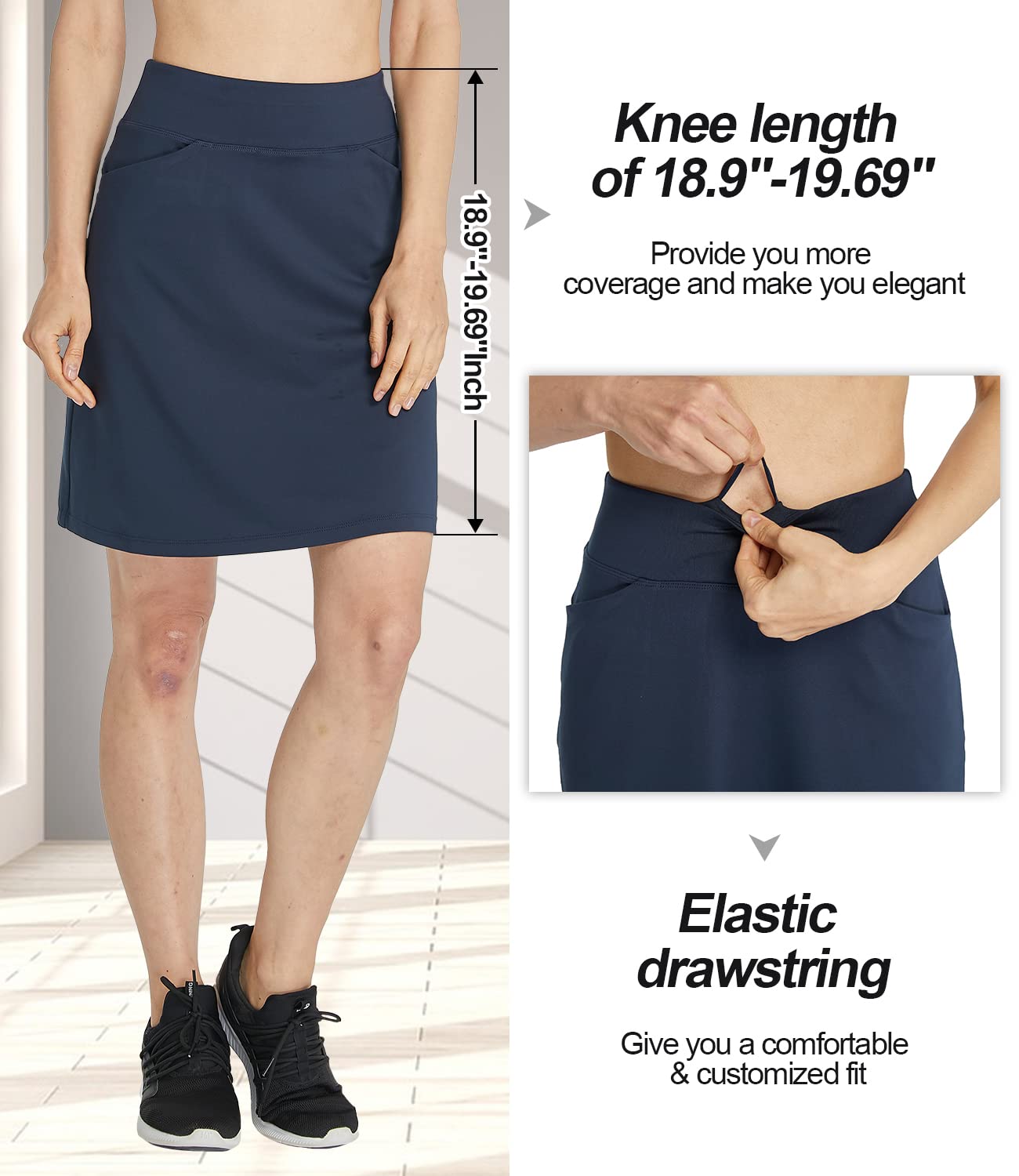 Jupe Short Femme Sport Jupes Chic de Tennis Longueur Genou Taille Haute Grande Taille Skort pour Athlétique Golf Gym Course à Pied Vêtements D'entraînement Marin XL