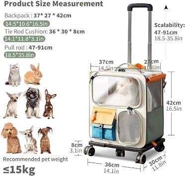 PETCUTE 2-in-1 Wheeled Pet Carrier Backpack,Breathable Pet Carrier with Wheels,Collapsible Dog Backpack Carrier with Removable Mat,Dog Stroller Travel Carrier with Mesh Ventilation Windows