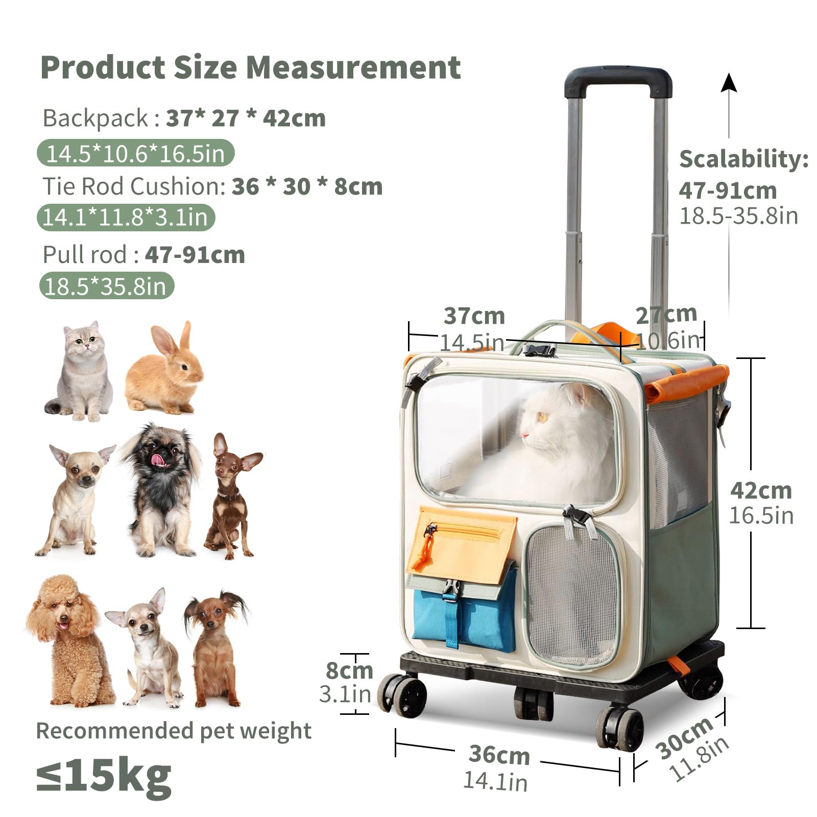 PETCUTE Trasportino Zaino per Gatti con Ruote,Zaino Pieghevole per Cani con Tappetino Rimovibile,Traspirante Trasportino da Viaggio per Animali Domestici,Tasche Frontali,Fino a 33 libbre