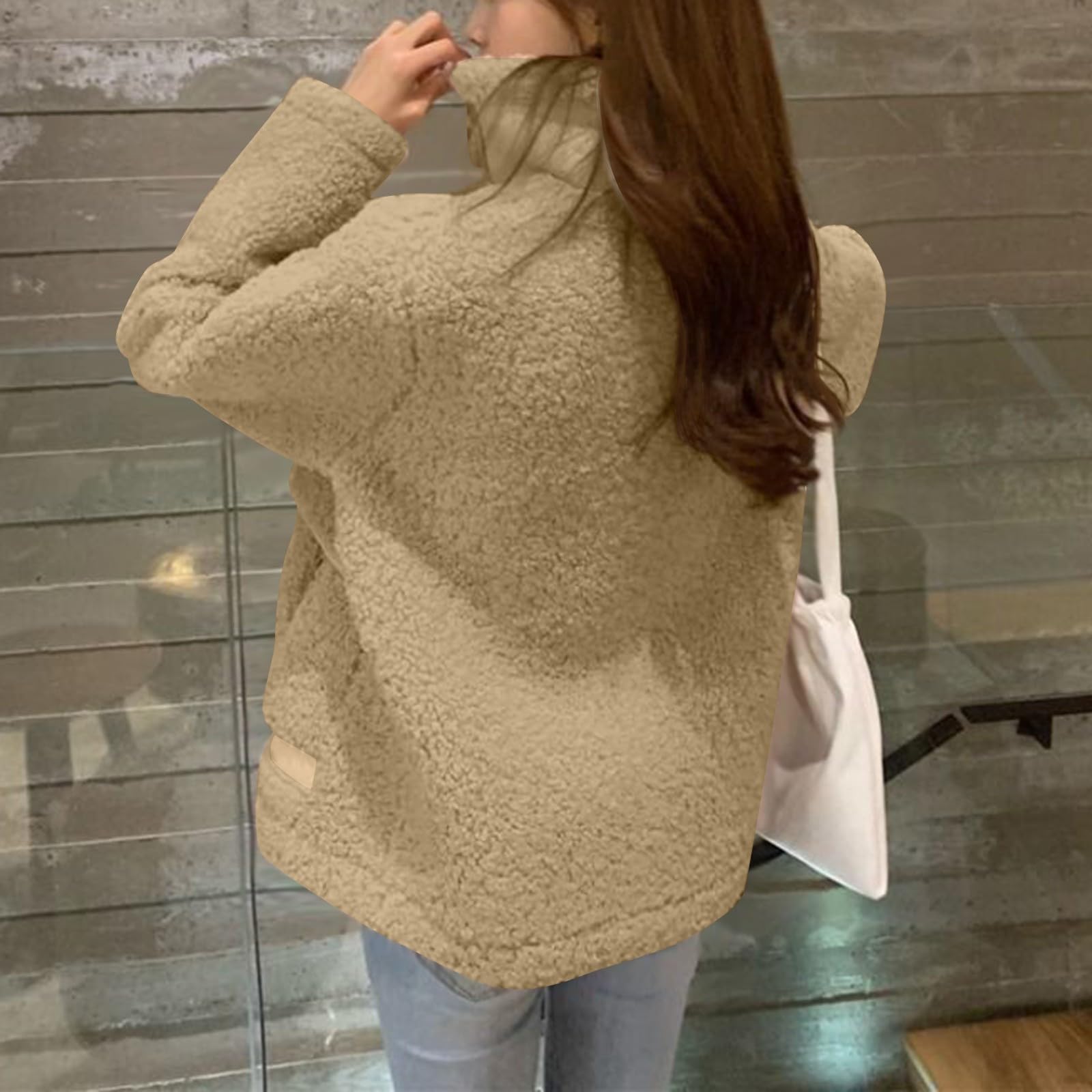 Teddyjacke Damen Winter Kuscheljacke Flauschig Teddy - Mantel Casual | Damen Fleecejacke Ohne Kapuze Winterjacke Frauen Winddicht Plüschmantel Mit Taschen Fleecemantel Mit Knöpfen