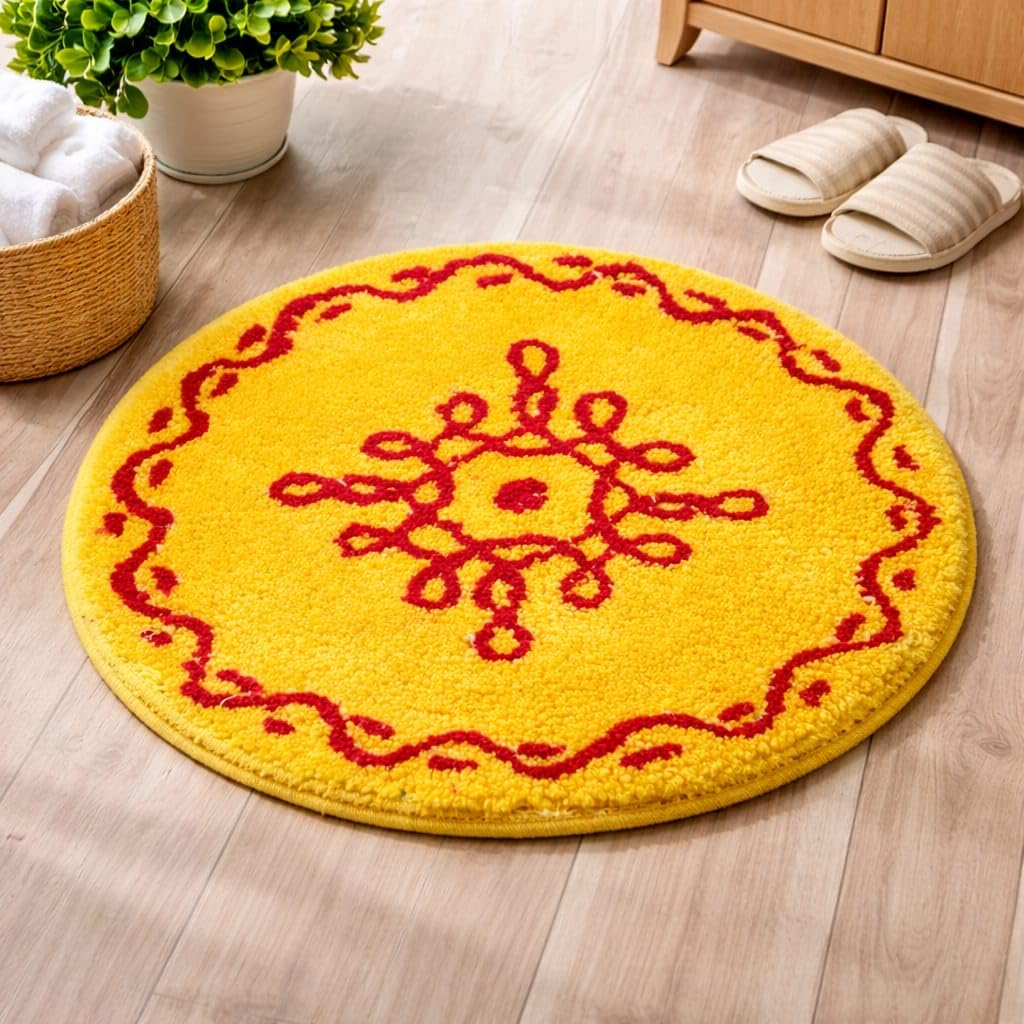 Traditional Round Floor Mat 21 x 21 cm, Pack of 1| Decorative Rangoli Design Door Mat for Entrance, Pooja Room & Home Decor | Soft Water Absorbent Anti Slip Floor Rug | Washable Round Mat-image-10