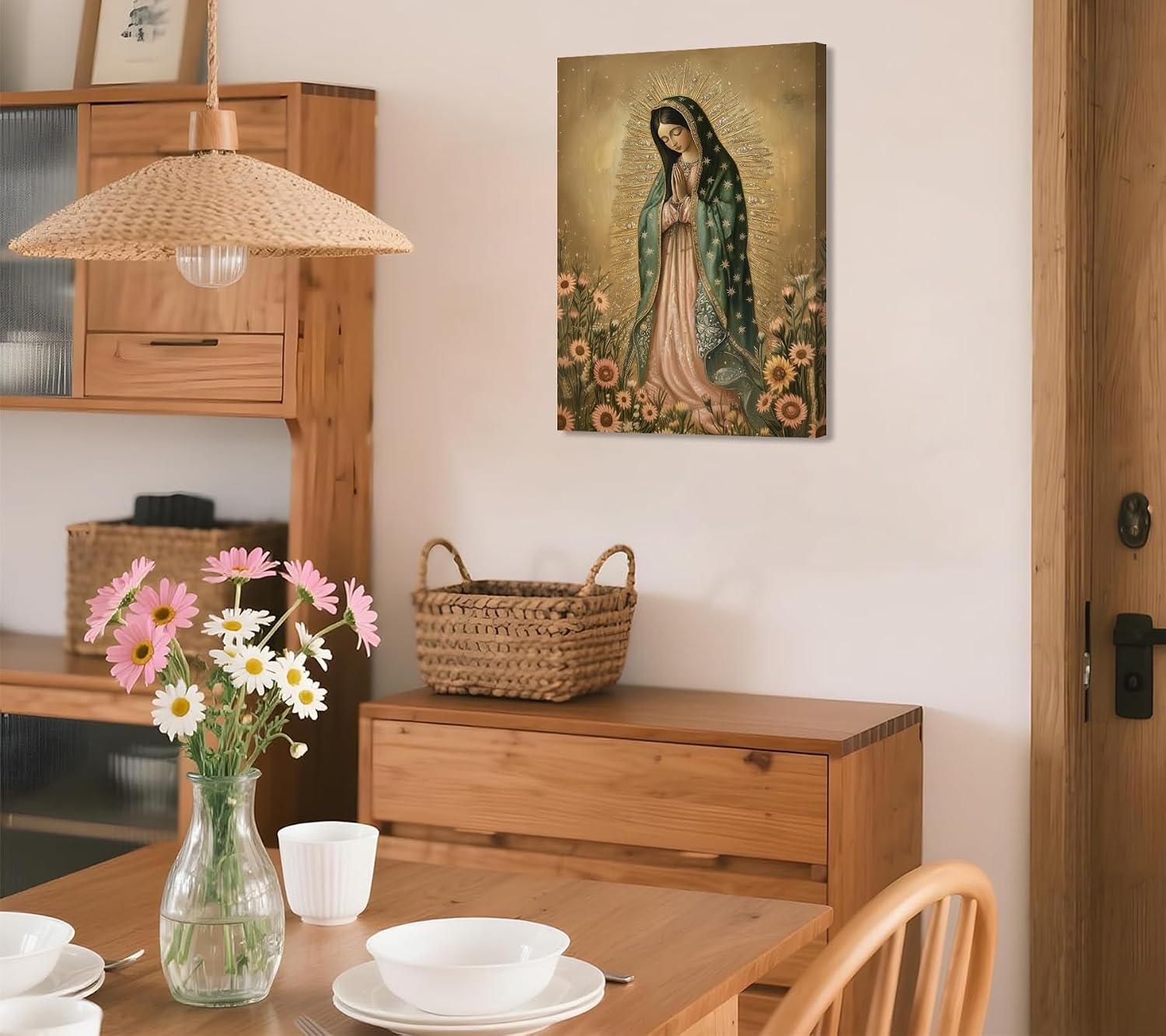 Devunaty Framed Virgin Mary Vintage Wall Art Our Lady of Guadalupe Portrait Painting Gold Retro Blessed Mother Picture Canvas Prints Catholic Gifts Religious Poster Aesthetics Room Decor 16x24In
