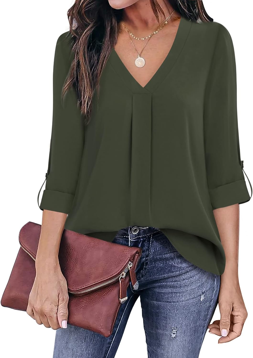 Youtalia Womens Blouses Dressy Casual Business Tops 3/4 Sleeve Chiffon V Neck Work Office Shirts - Image 2