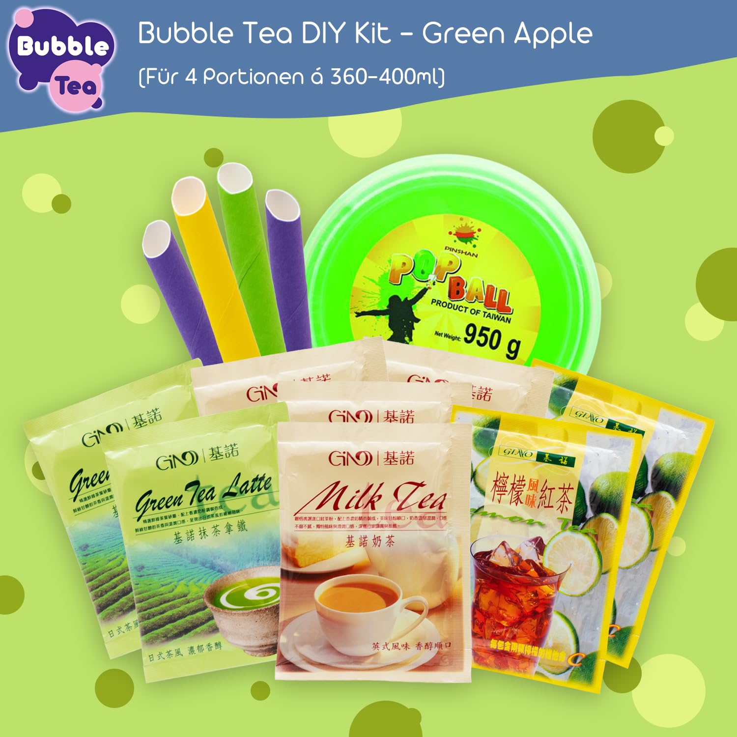 Bubble Tea DIY Set mit Green Apple Popping Boba - Für 4 Getränke - 14-teiliges Boba Tee Starter Kit - 3 Teesorten (Milchtee, Grüner Tee, Zitronen-Eistee), Fruchtperlen, Strohhalme, mit Anleitung