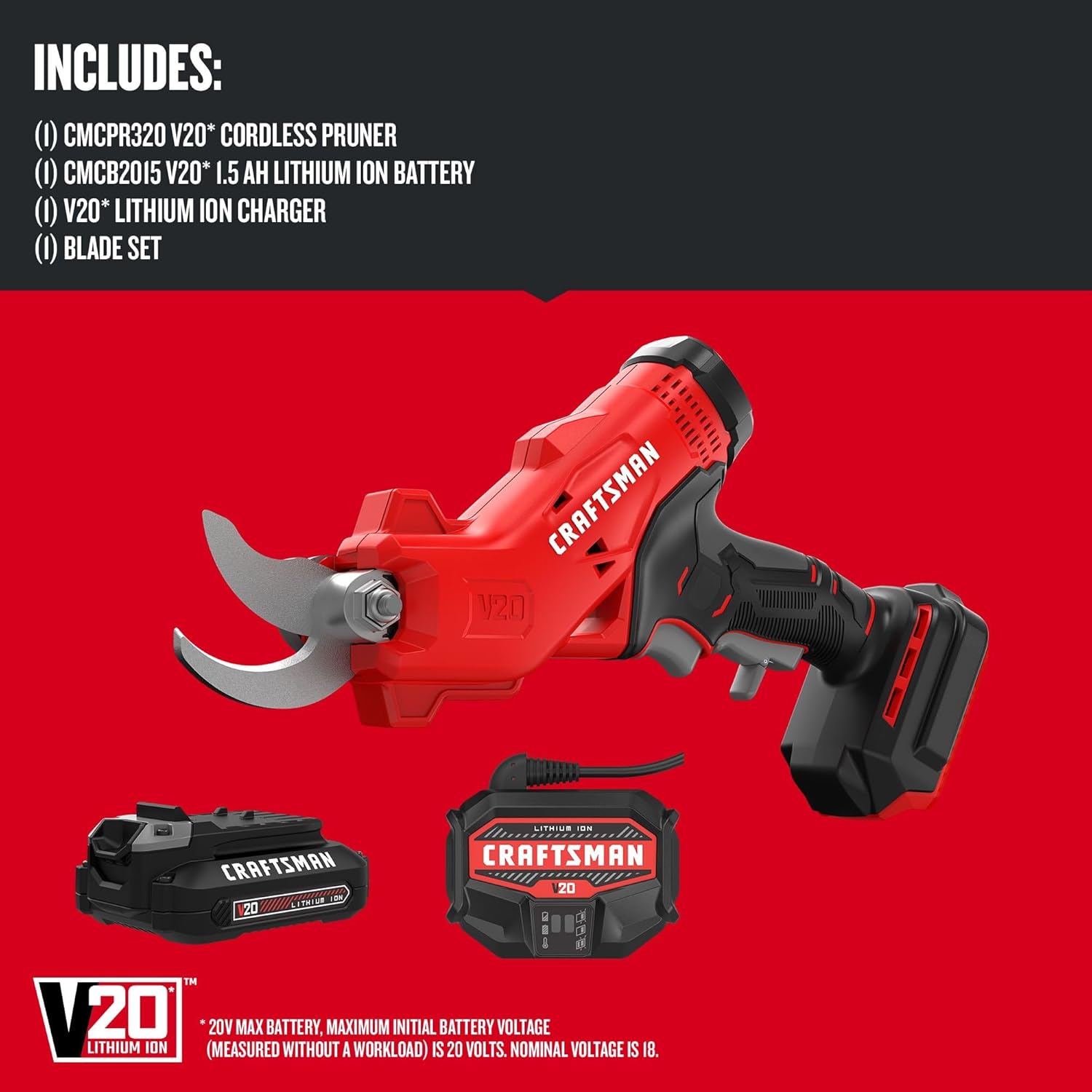 Person using CRAFTSMAN V20 Cordless Electric Pruner to cut a small branch