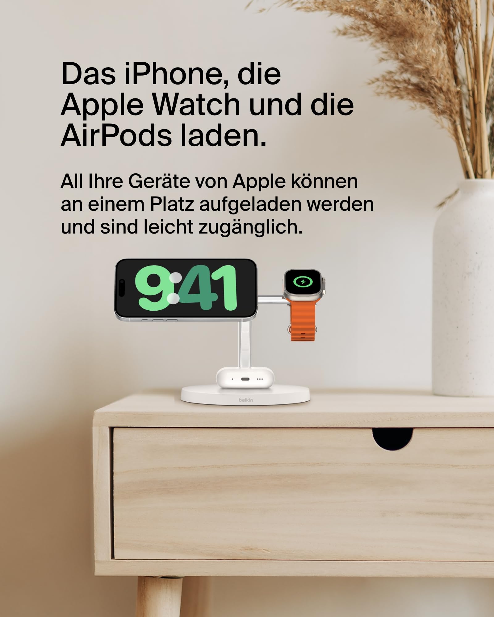 Belkin BoostCharge Pro 3-in-1 Qi2 Kabelloses Ladegerät, MagSafe-Kompatibles Ladegerät, Induktive Ladestation für die Apple iPhone 17, Air, 16, Pixelsnap, Apple Watch, AirPods, inkl. Netzteil – Weiß