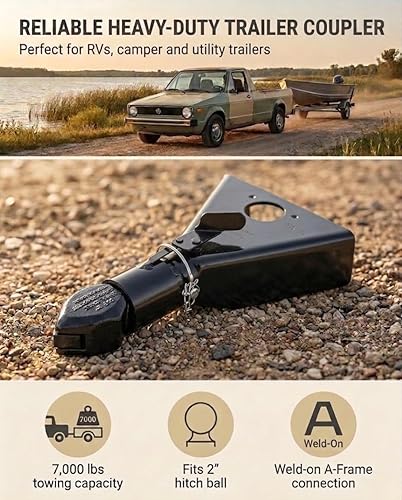 Miniatura 2 de Acoplador de remolque de marco en A forjado de 2 pulgadas con pestillo de gatillo SAE Clase IV 7000 libras para remolque RV, barco, cámper (negro)