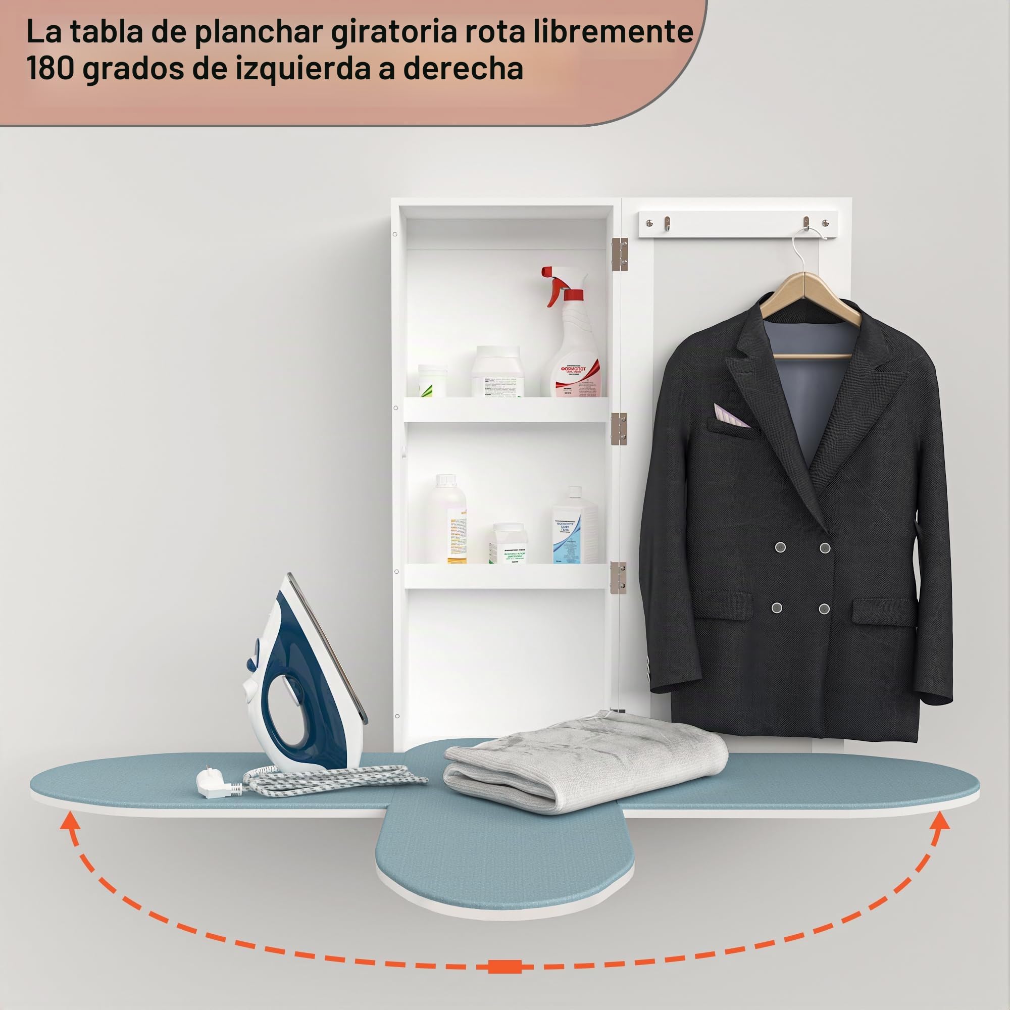 Armario para Tabla de Planchar, Armario de Almacenamiento montado en la Pared con Espejo, Tabla de Planchar con Funda giratoria de 180 Grados con Soportes de Metal