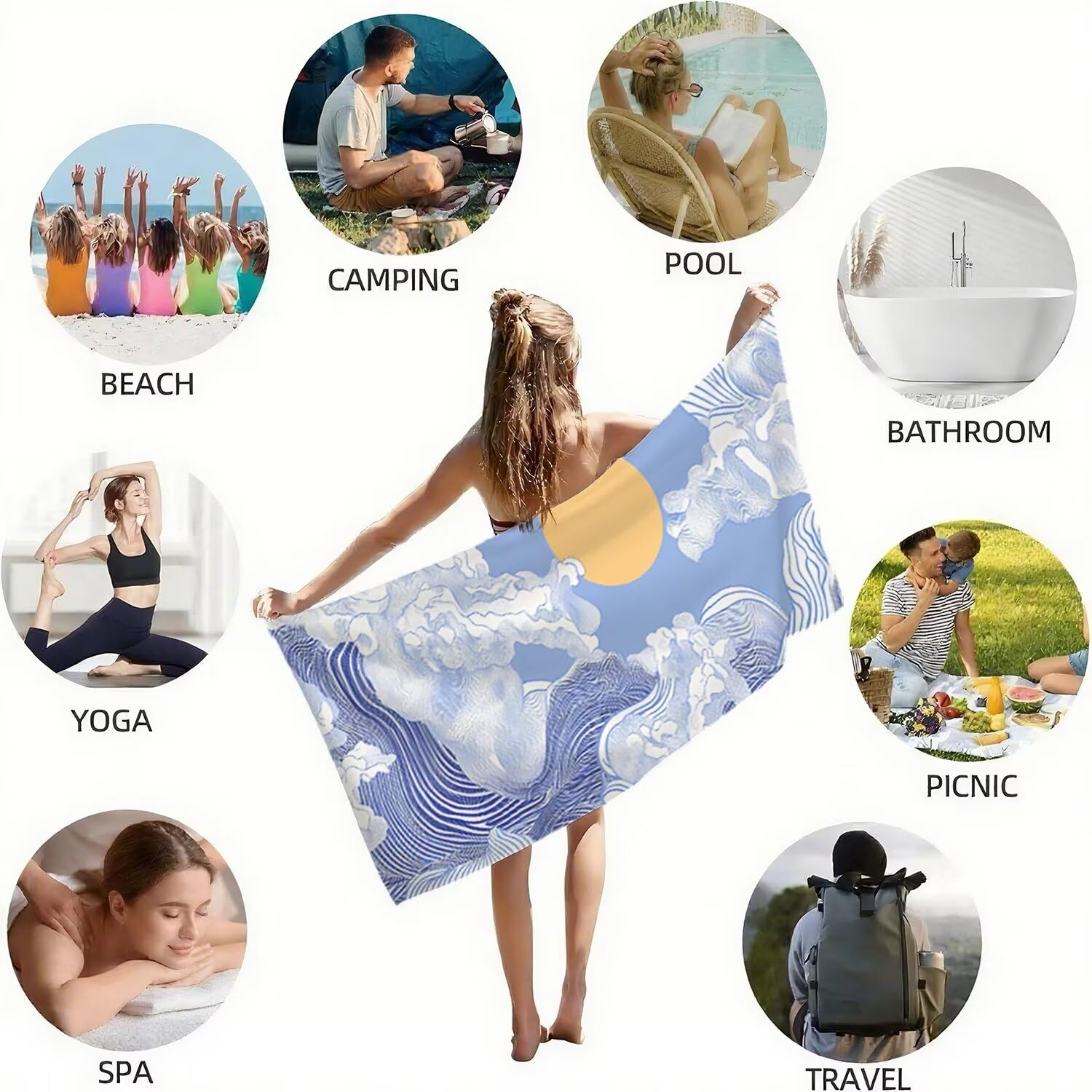 Toalla Playa Grande 150x200 Toalla Playa Microfibra, Ligera Secado Rápido, Sin Arena Portátil Toallas para Viajes, Hombre, Mujer Toallas, para Natación, Camping, Gimnasio (Azul Ondas) p-532