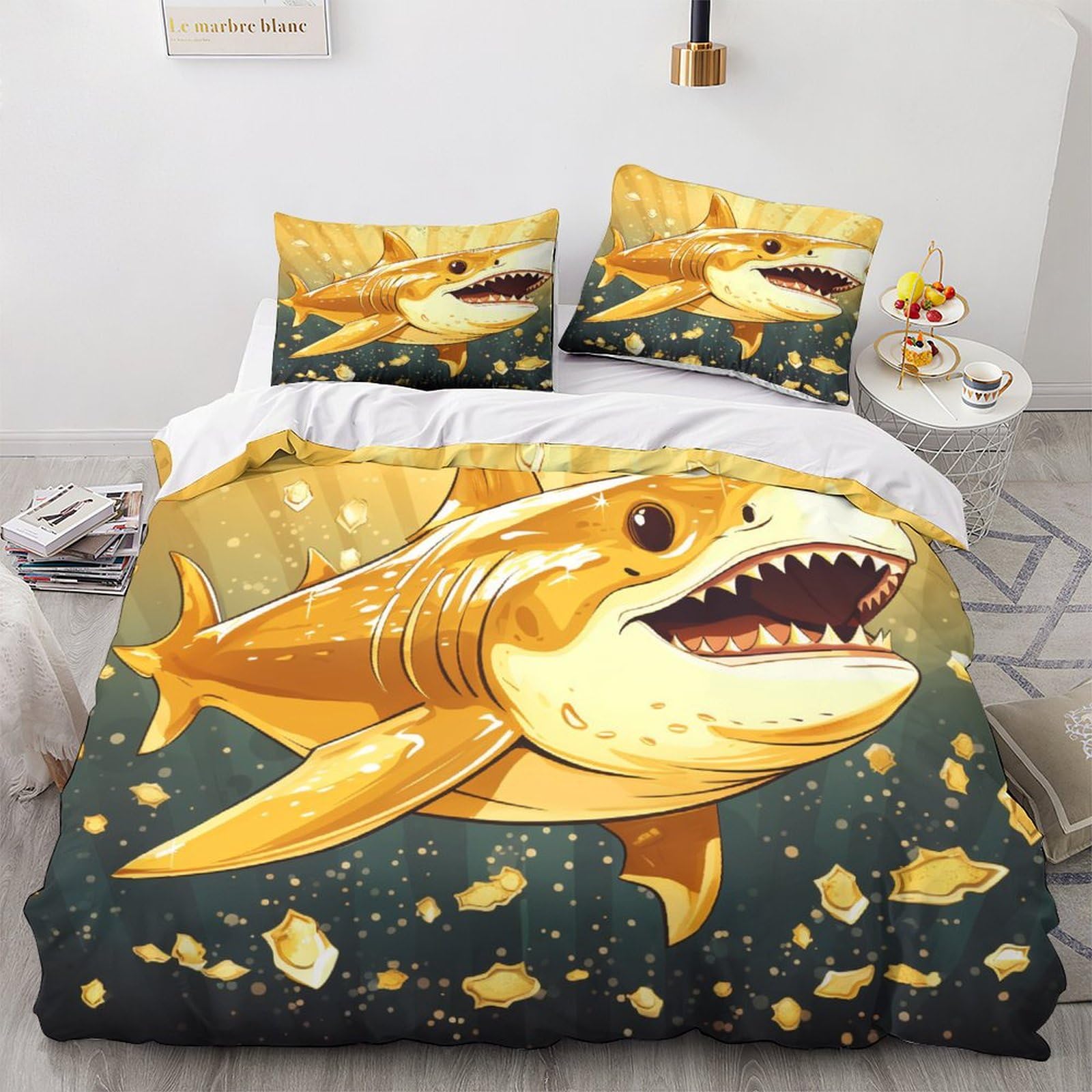 LSORUGolden Shark Bedding Duvet Cover Set 3D Quilt Cover Soft Microfiber Bedroom Duvet Set Bedding Set with Pillowcase,for Teens And Adults 3 Piece Set King（220x240cm）
