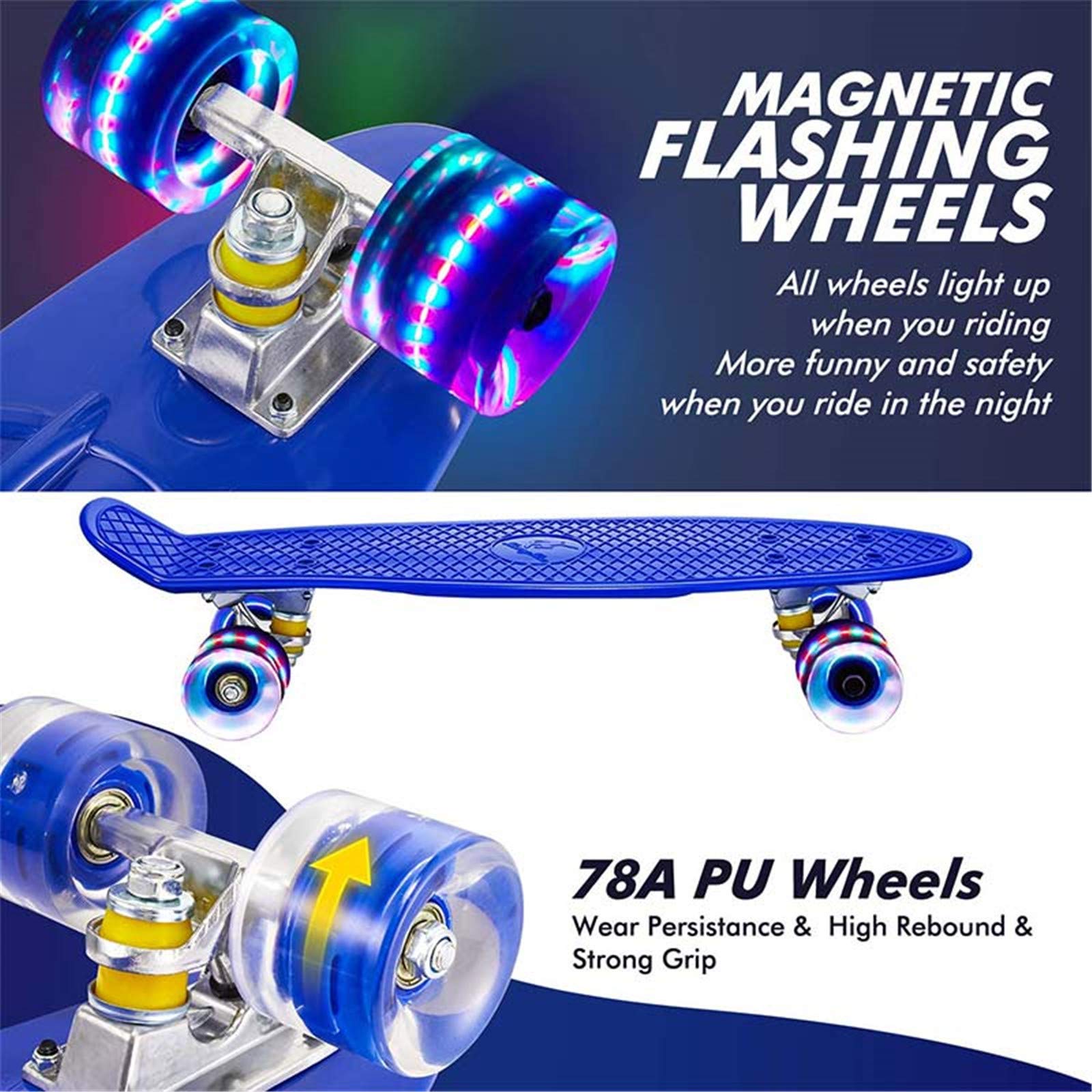 Skateboard Complet Mini Cruiser Planche À Roulettes En Plastique 22 Pouces Pour Enfants Garçons Filles Débutants Adolescents Adultes, LED Light Up Wheels with Bearings & All-In-One Skate T-Tool (Blue)