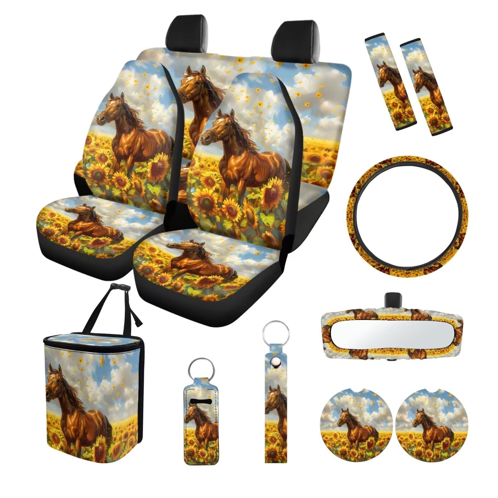 Suobstales Horse Sunflower Print 13 Pack Car Seat Covers Set Seat Cover Protector with Steering Wheel Cover + Seat Belt Covers + Car Trash Can +