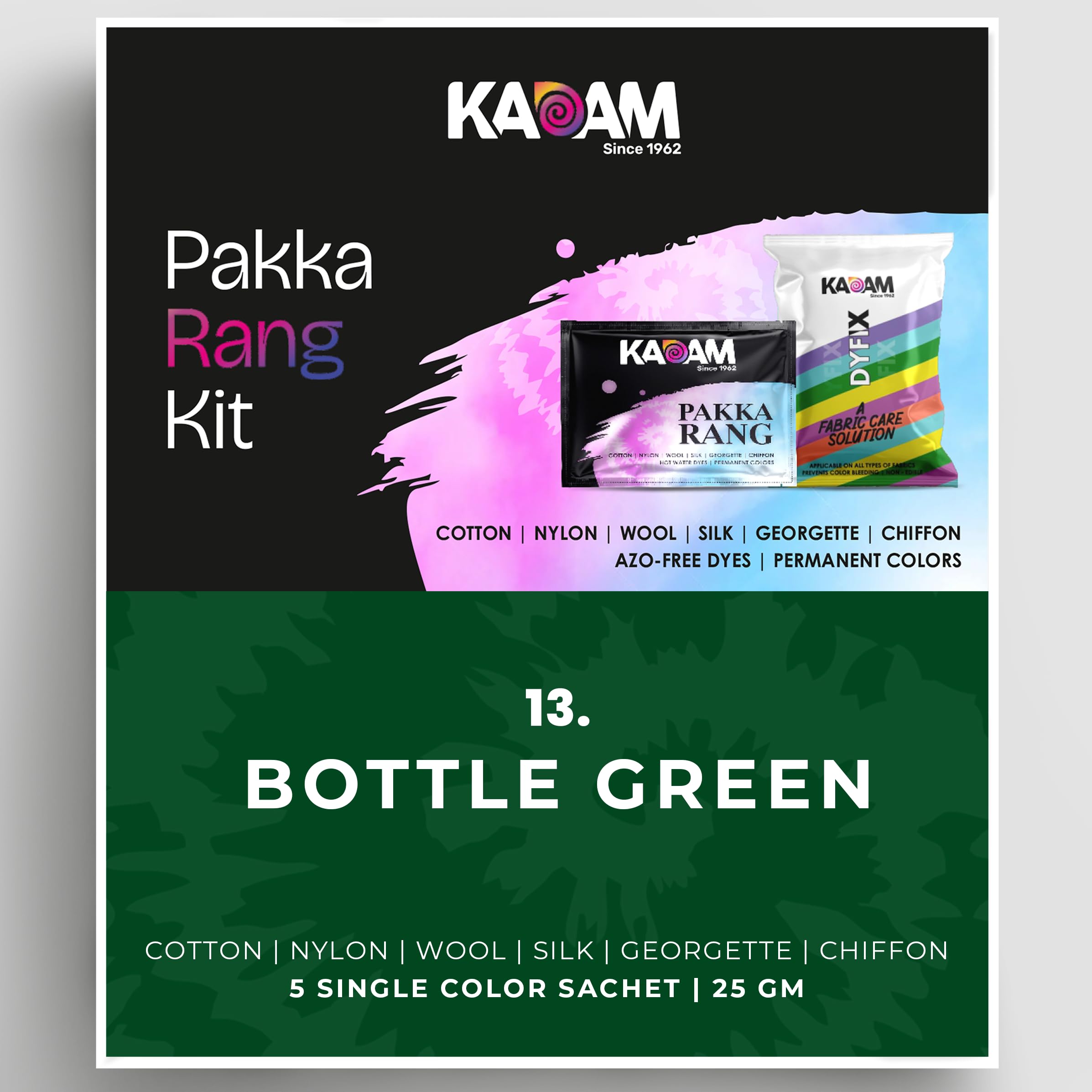 Kadam Pakka Rang Fabric Dye Colour | 25g Pack | Includes DyFix Color Fixer | Permanent Fabric Dyes for Old Faded Jeans and Clothes (Bottle Green)