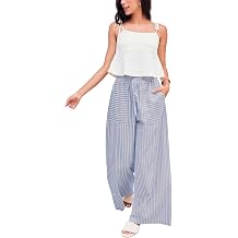 Yeokou Women's Wide Leg Pants Drawstring Striped Cotton Casual Mid Rise Long Palazzo Trousers with PocketsBlue-L
