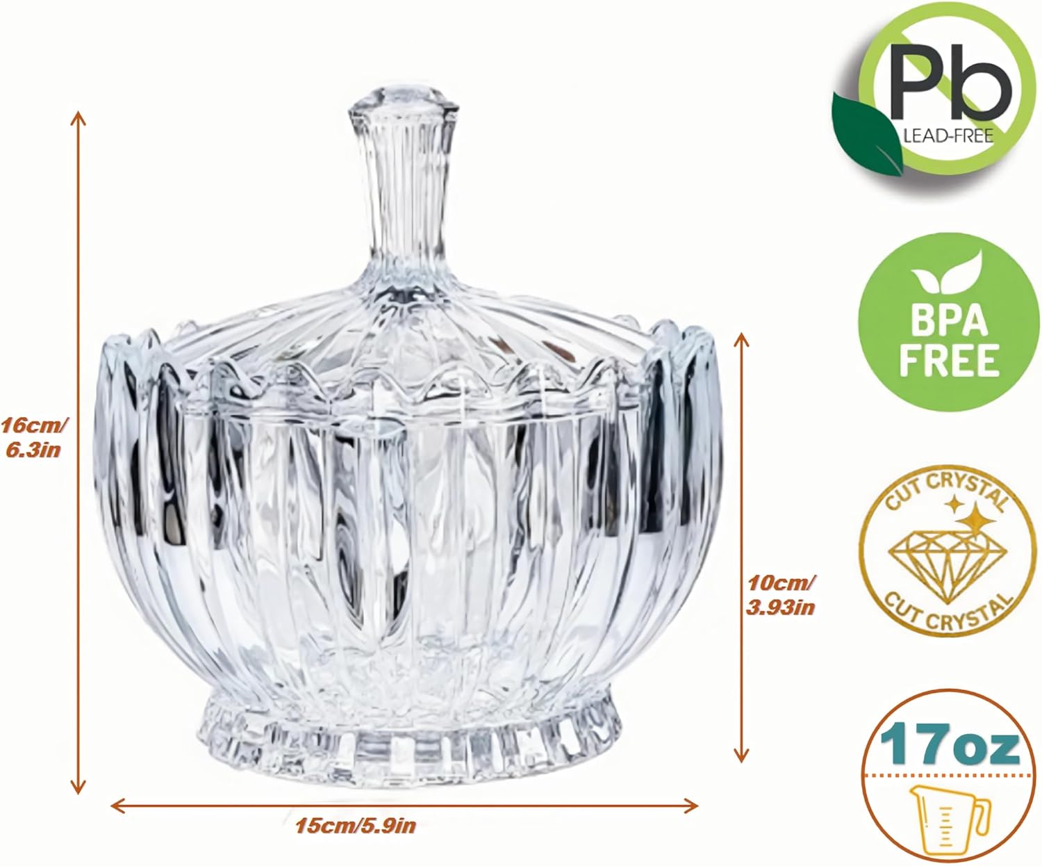 Glass Candy Dish with Lid, 17oz Crystal Glass Fruit Dishes, Cookie Jewelry Buffet Food Jar for Home Kitchen Office Table Decorative