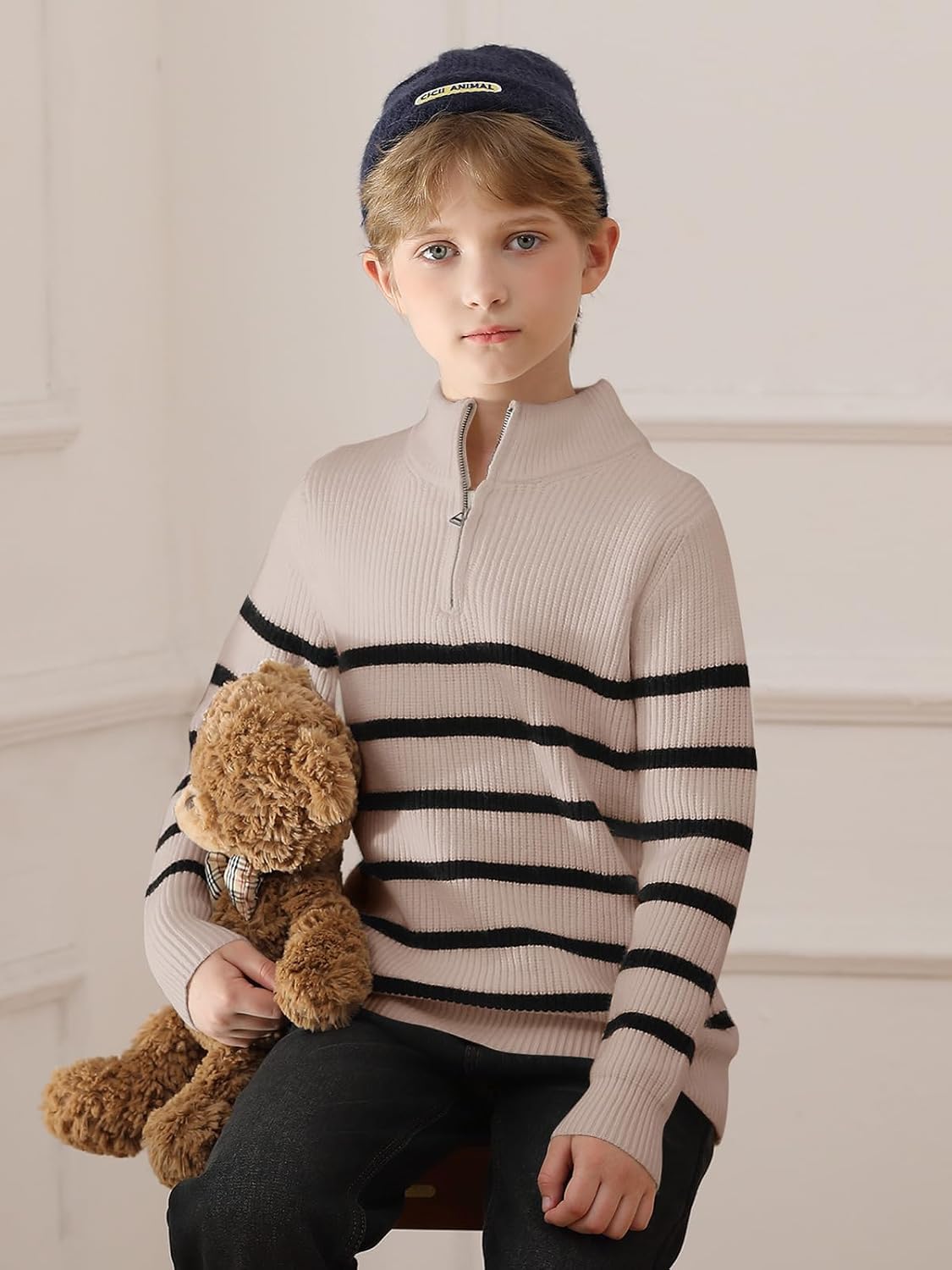 Haloumoning Boys Striped Quarter Zip Sweater Kids Fashion Long Sleeve Knit Pullover Sweaters Tops 5-14 Years - Image 4