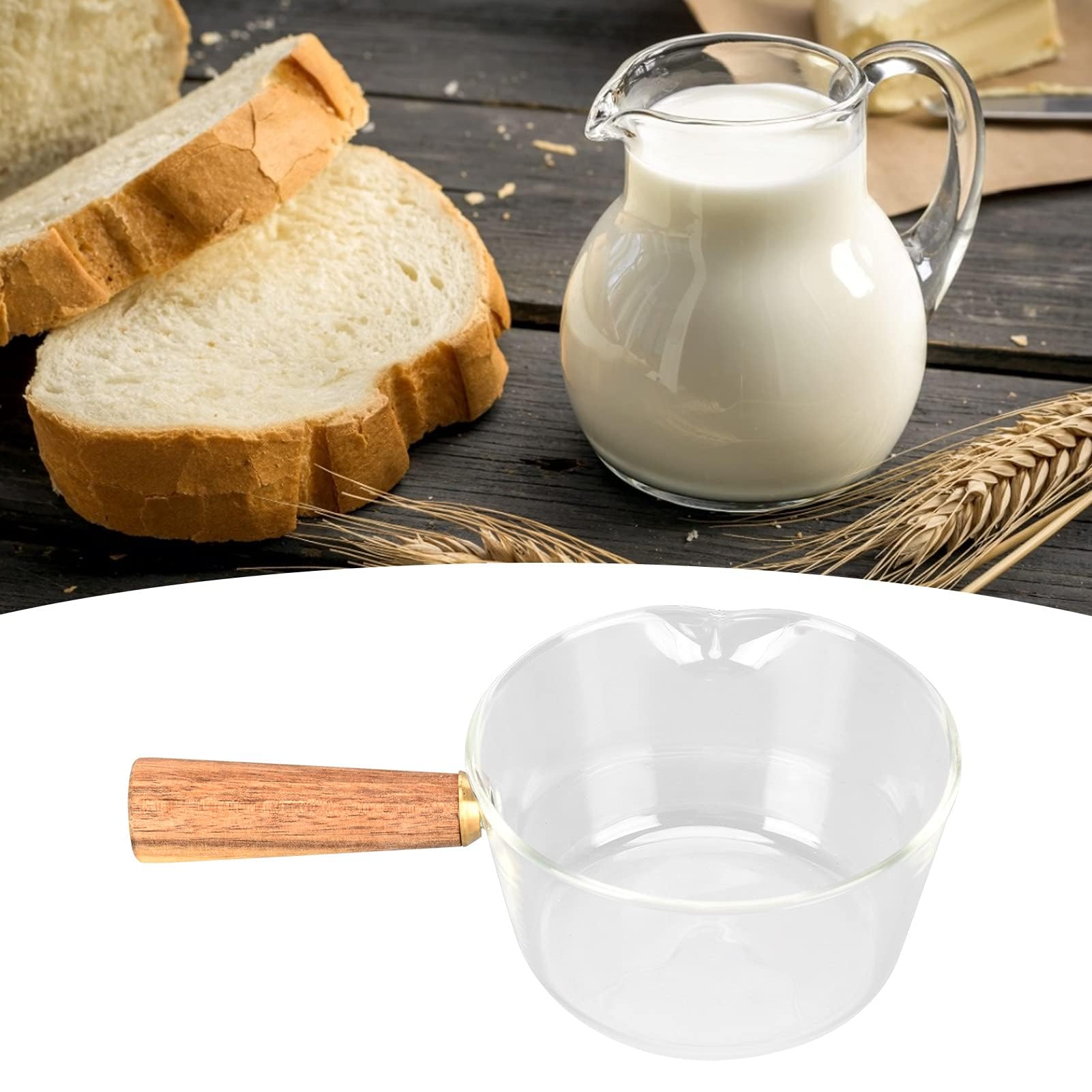 Ejoyous Pentola, lattiera in vetro con manico in legno, casseruola, casseruola, pastaiola con beccuccio a V, salsiera per latte, zuppa, pasta, uova, riso (400 ml)