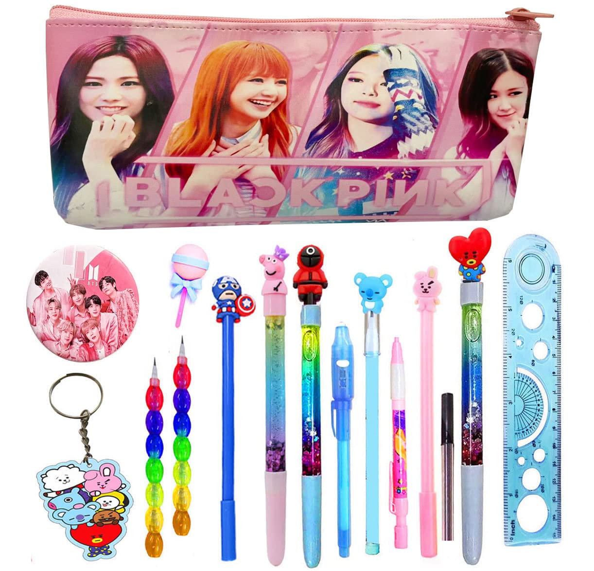 16 pcs Pencil Box BTS Pencil Case BT 21 Stationery Set for Kids for School, Party Favor Return Gift Set, Birthday Gift Set for Kids BT-21 Stationery Set Combo for Kids Best Gift (Style 9)