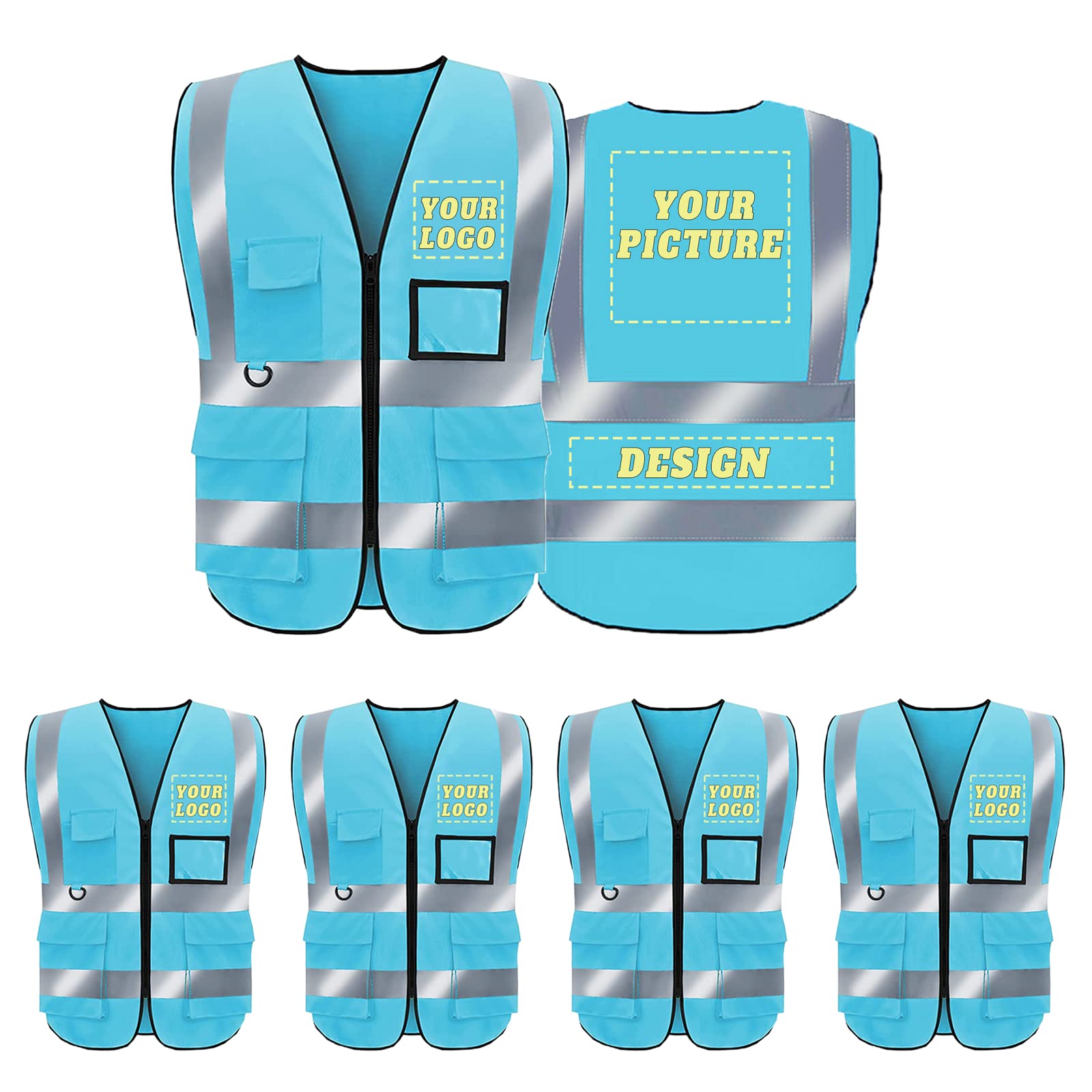 BeautyWill Custom Hi Vis Vest for Men and Women,Class 2 hi vis Zipper Front High Visibility Vest Hi Vis reflective Vest Waistcoat with Phone & ID Pockets-5 Pack(001LightBlue, M) — image 1